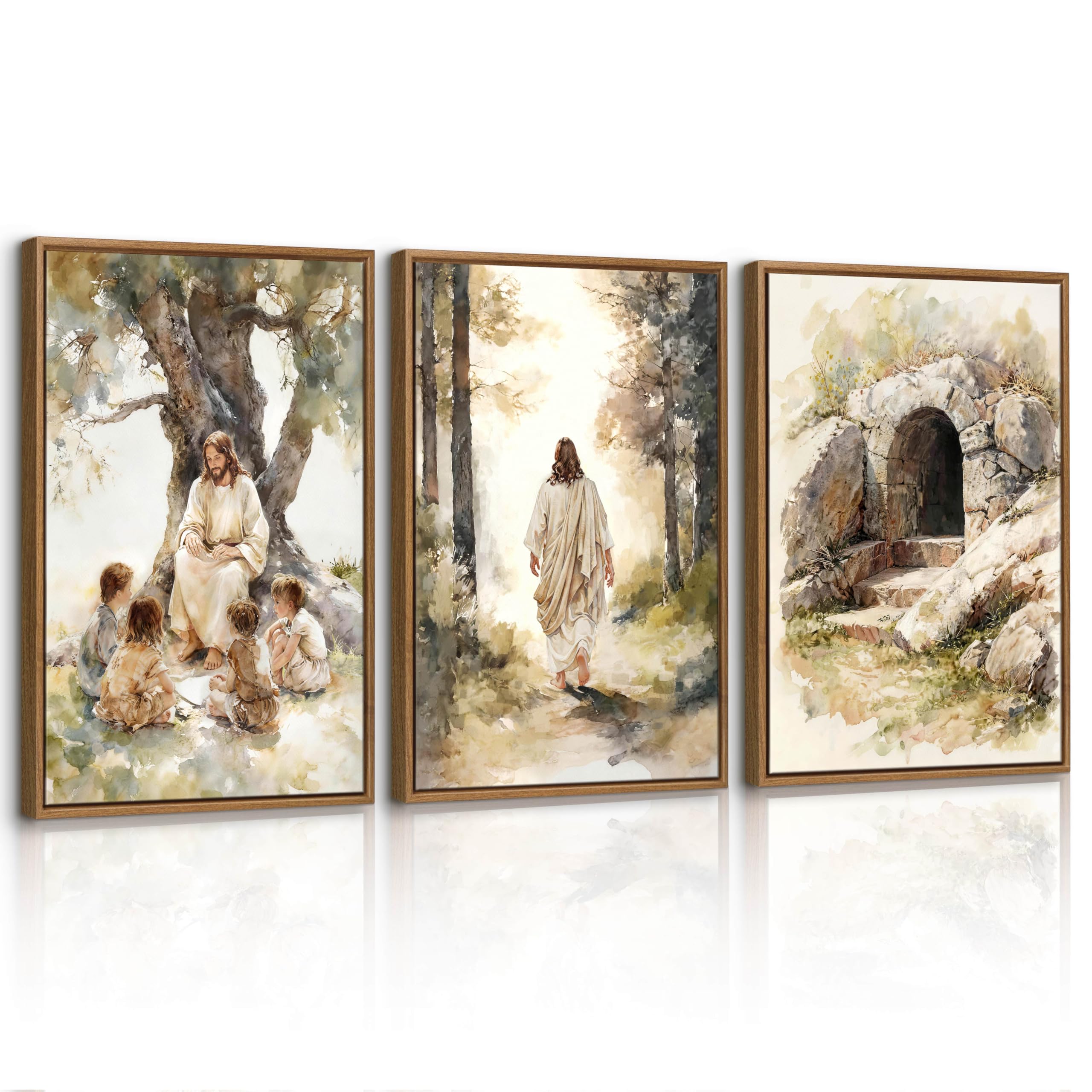 3Pcs Christian Jesus Teaching Children Framed Canvas Wall Art Prints for Church Prayer Room Religious Jesus Traversed Jungle Wall Painting Jesus’s Tomb Picture Decor for Living Room Bedroom 30X40cmX3