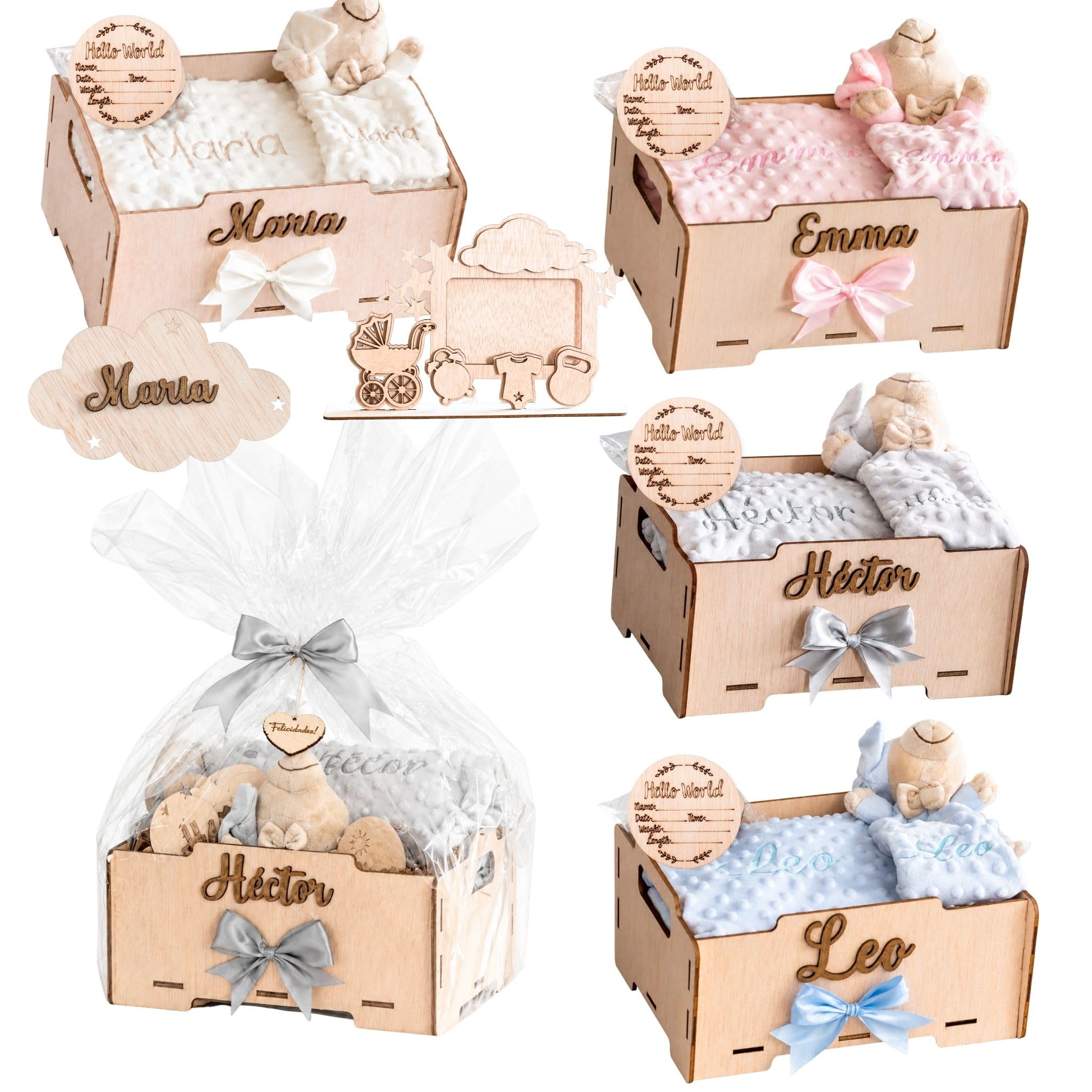 Geschenk für Neugeborene Jungen oder Mädchen | Babykorb mit Babydecke & Schmusetuch Geschenk zur Geburt, Taufe, Schwangerschaft, fürs Krankenhaus & Baby Shower | Personalisiert mit Namen + Holzbox