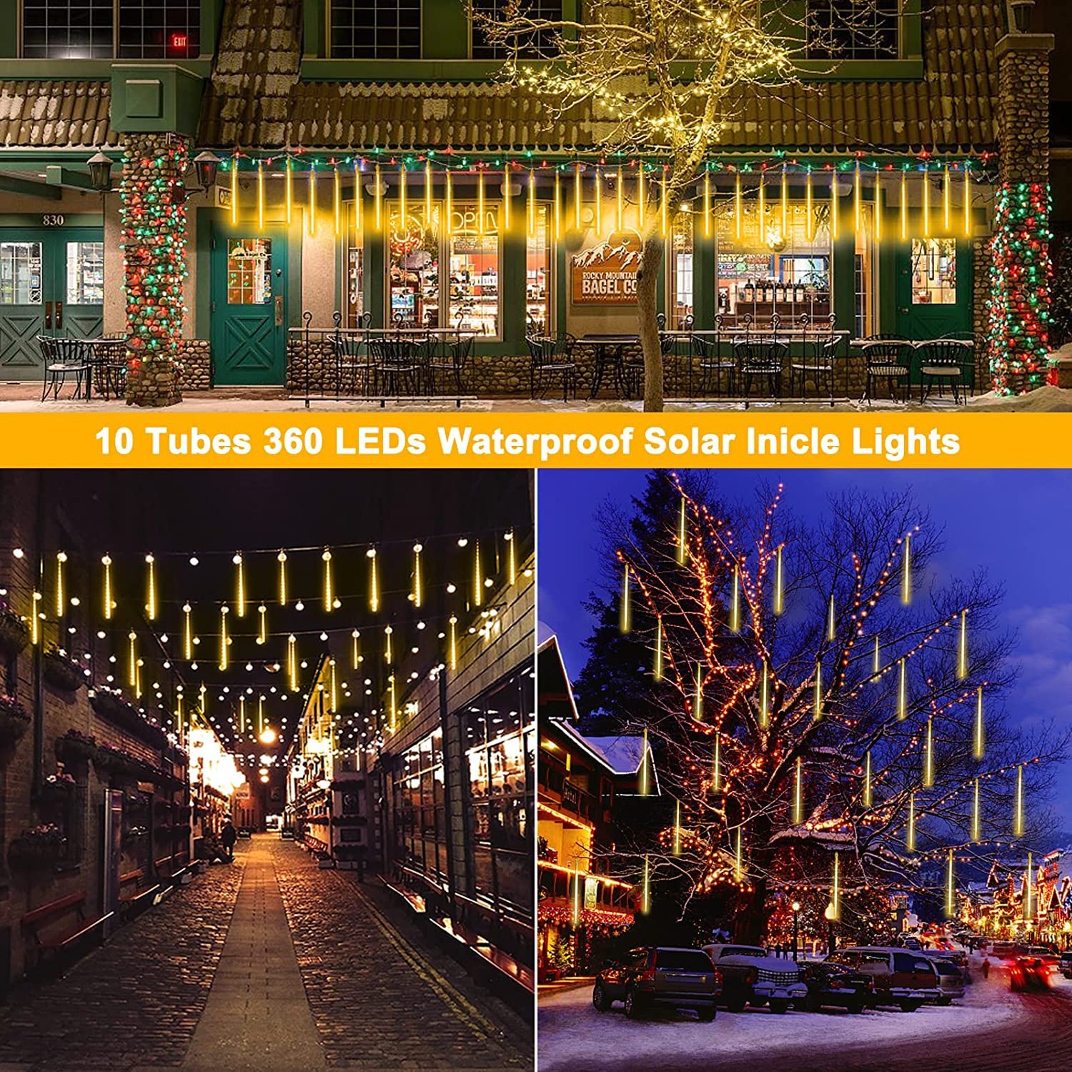 KINGCOO Solar Meteorschauer Regenlichter, Wasserdichte 30cm 10 Tube 360LEDs Schneefall Regentropfen Weihnachten Lichterketten für Hochzeit Party Garten Außen Innen Dekoration (Warmweiß)