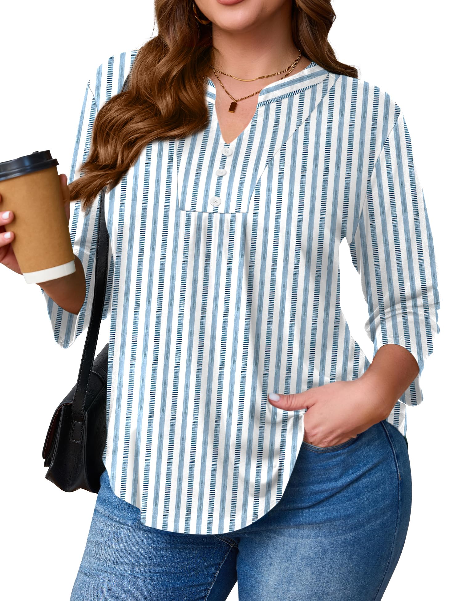 Women Shirts Plus Size 3/4 Sleeve Boho Tops Casual V Neck Dressy Blouses Flowy Business Loose Fit Work Tunics Tops
