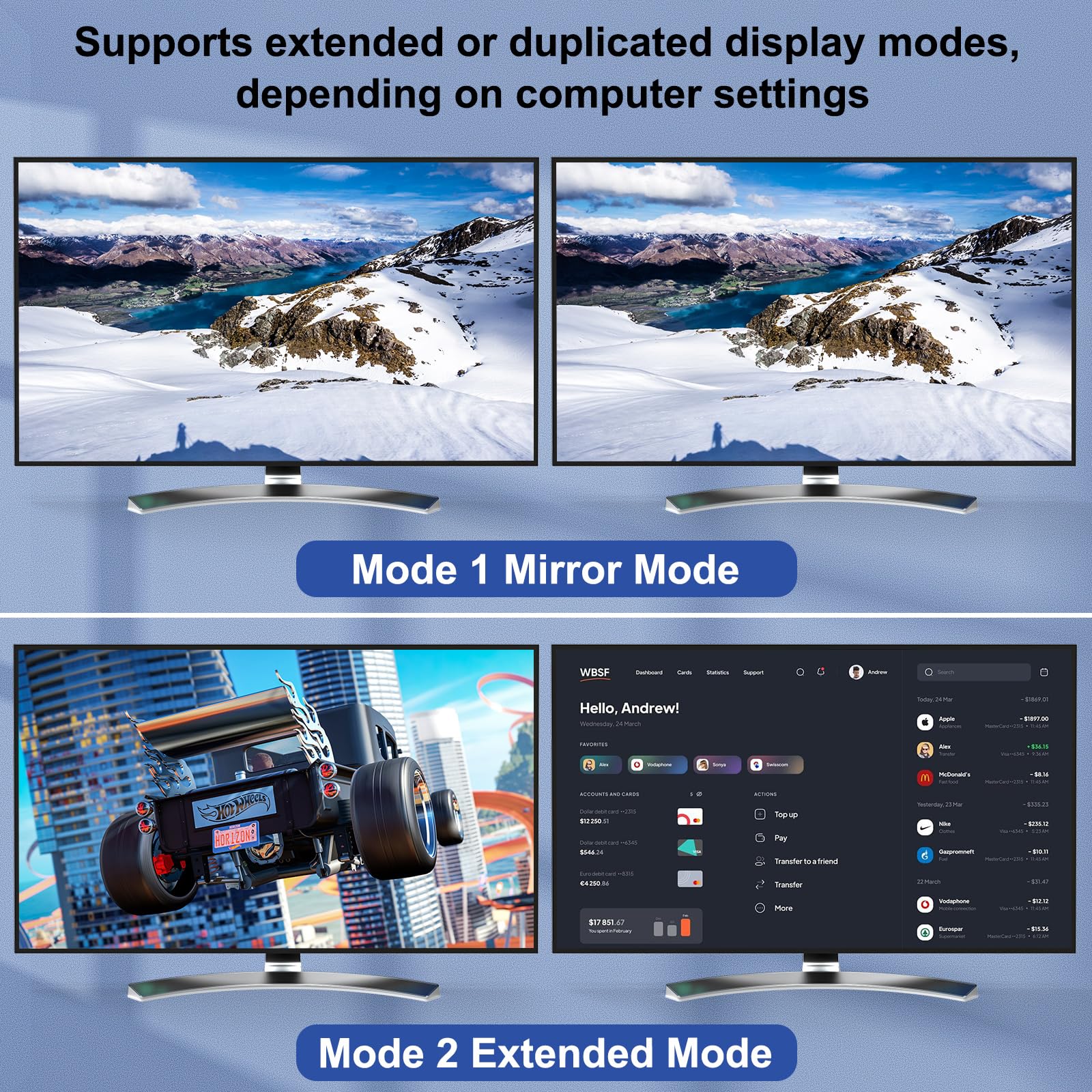 Switch KVM 4K @ 60Hz DP HDMI 2 PCs 2 moniteurs, commutateur KVM double moniteur 2 PC avec 4 ports USB 3.0 communs, y compris HDMI, DP et câble USB, ainsi que télécommande filaire