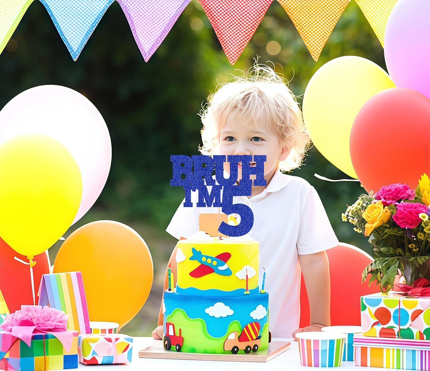 Bruh I'm 5 Cake Topper - Royal Blue Glitter Funny 5th Birthday Cake Decorations for Boys, Bro I'm 5/ Cheers to 5 Years Cake Decor for Brother Birthday Party Supplies Photo Booth Prop image 4