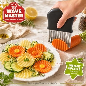 Crinkle Cutter Knife, Ergonomic Potatoes Crinkle Fry Cut and Vegetable Cutter Stainless Steel Carrot Slicer for Fries Chips Carrots Cucumbers Fruit Home Kitchen Tool(Black)
