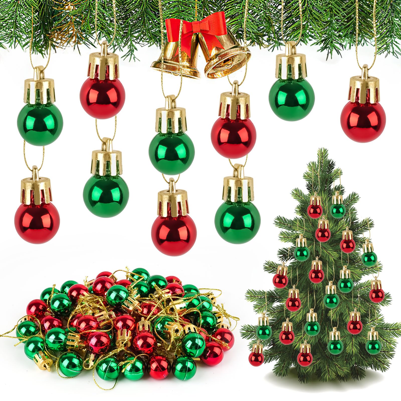 Coloured Christmas Ball, 48 Pcs Christmas Tree Decorations - Red, Green Mini Baubles for Small Tree Tiny Baubles Pendant for Xmas