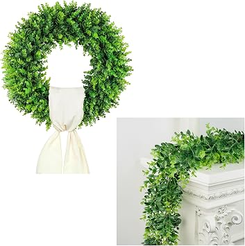 DDHS 20 Boxwood Wreath with Hello Sign, 6FT Artificial Boxwood Garland Bundle, Faux Greenery Set for Front Door Indoor Outdoor Decor Wedding Farmhouse Year Round