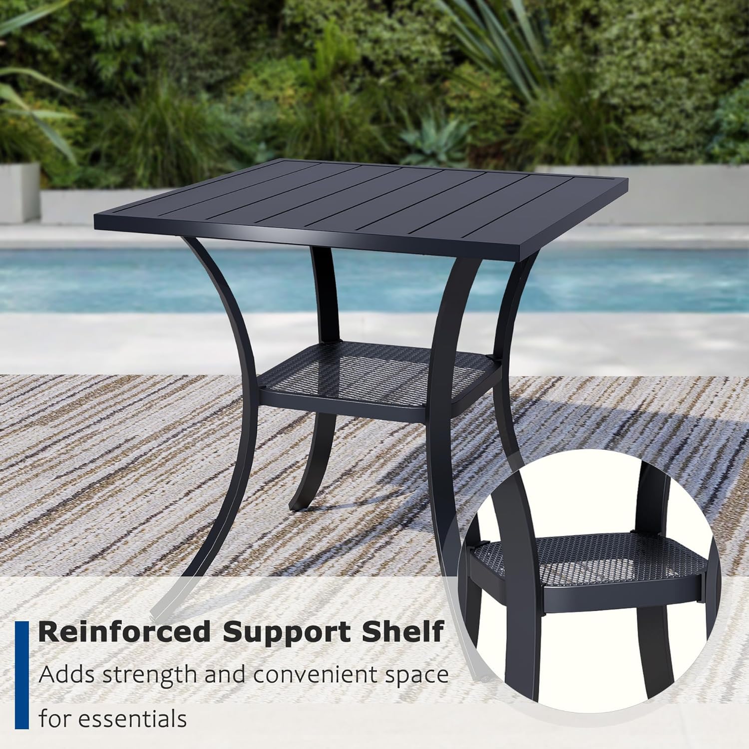 3 Pieces Outdoor Table and Chairs for 2, 27.6" Black Square Table with 2 Blue Swivel Chairs, Patio Set with Swivel Chair, Garden Tables for Outdoor, Patio Dining Set for Lawn Backyard Poolside
