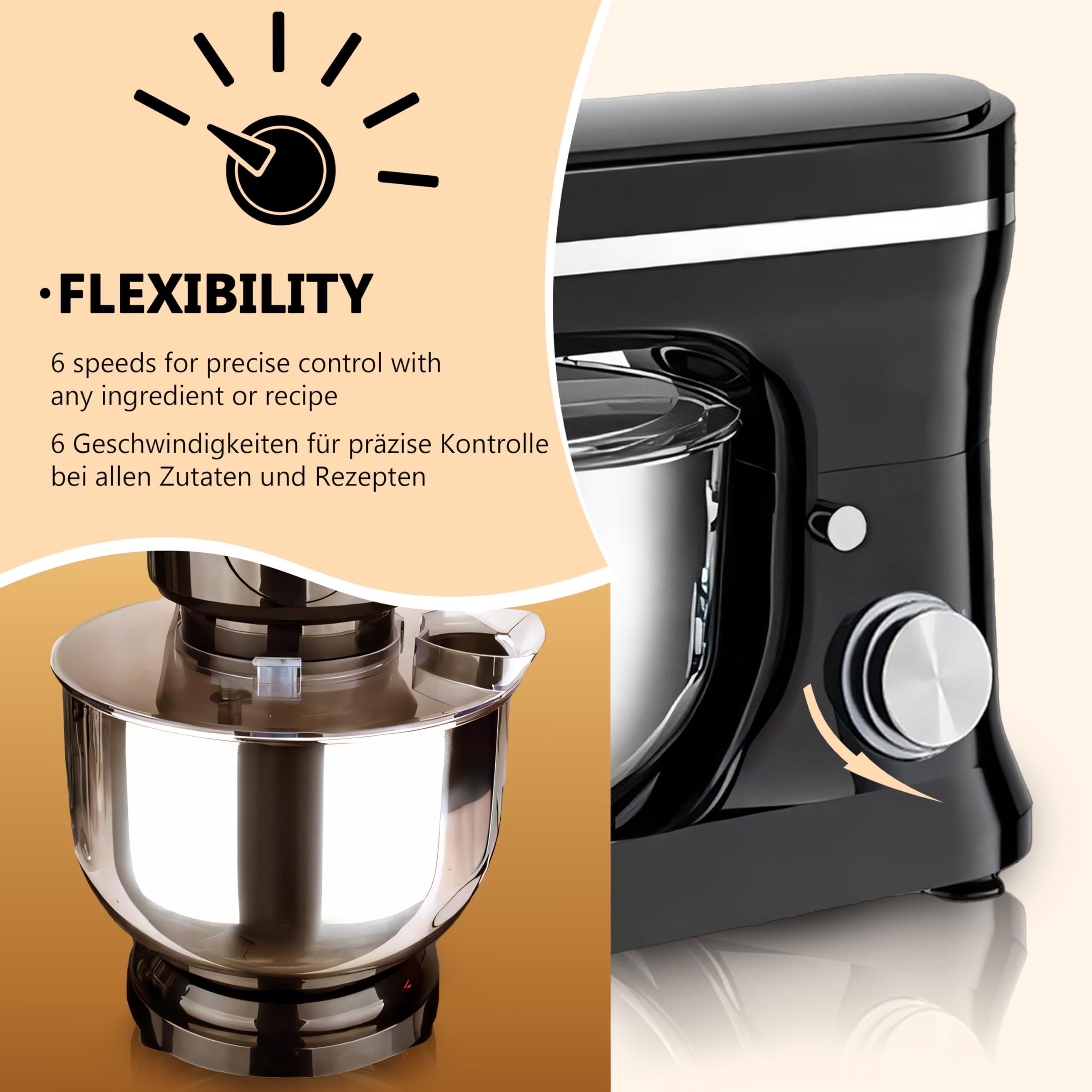 Retoo Robot da cucina 3 in 1 1500 W Large Stainless Steel Bowl 6L Meat Grinder Kneading Machine Multifunctional 6 speed settings 3 Mixing Tools Includes Splash Guard Lid Dough Hook and Whisk Versatile