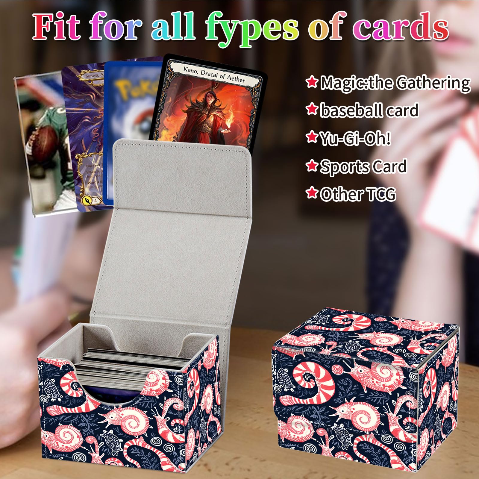 Amazon.com: Qindaiwen Card Deck Box for MTG, Fits 100+ Single Sleeved Cards,  PU Leather Trading Card Storage Box for TCG, CCG, MTG Cards, Strong Magnet  Magic Gathering Deck Box, Pink Sea Snail :