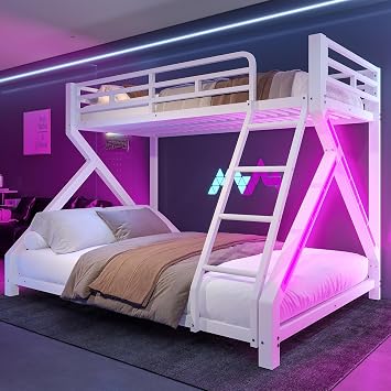 Bunk Bed Childrens Bed 90 x 200 cm and 140 x 200 cm with LED Light and Fall Protection Bunk Bed with Ladder and Simple Design Metal Bed Frame with Slatted Frame White Without Mattress