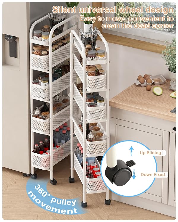 UMDONX Slim Storage Cart 5 Tier with Pull Out Basket Bathroom Organizer Rolling cart, Rolling Utility Cart Slide Out Organizer for Kitchen, Bathroom, Laundry White by UMDONX - Image 6