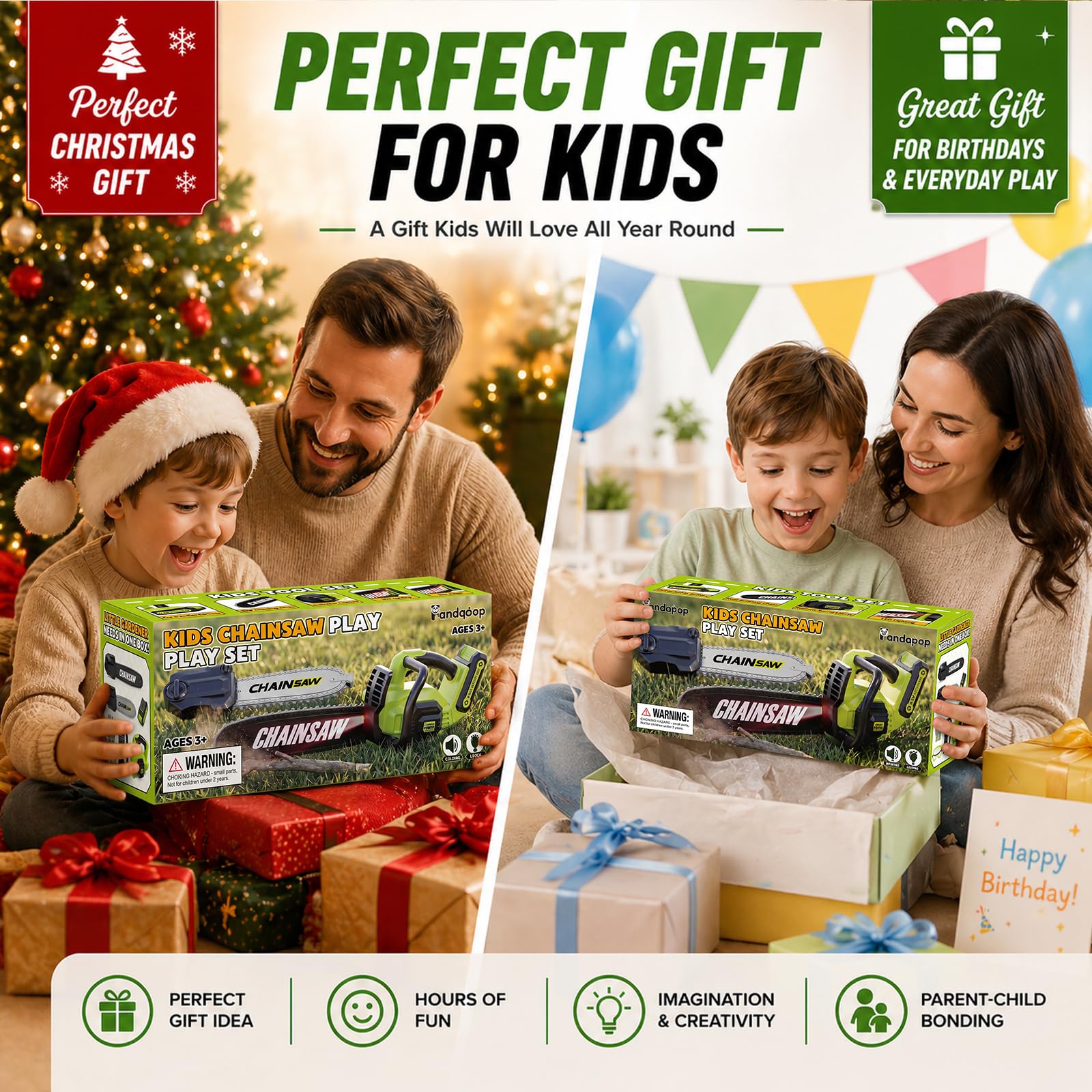 Pandapop 2 In 1 Motosega Giocattolo Per Bambini con 2 Misure, Kit Attrezzi Giardinaggio Bambini con Luci E Suoni, Giochi Da Esterno Per Bambini con Occhiali E Guanti, Regalo Bambino 3 Anni Maschio