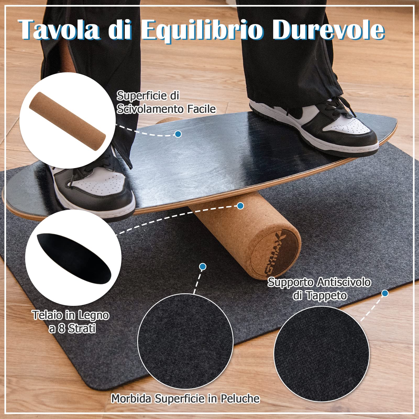 COSTWAY Balance Board in Legno,Tavola Propriocettiva con Superficie Antiscivolo e Rullo, Ideale per Esercizi di Equilibrio e Forza e Coordinazione, Carico Massimo 227 kg