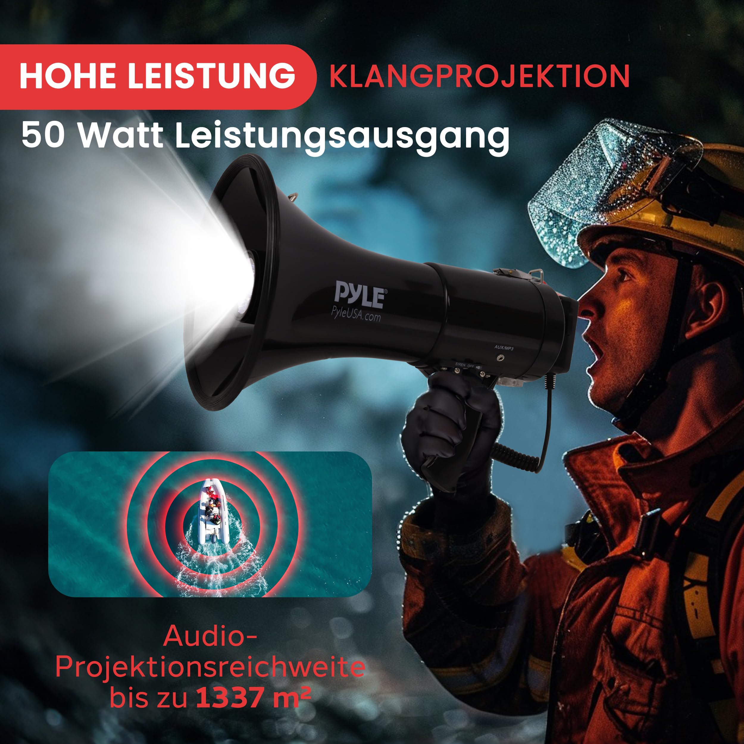 Pyle Megaphon mit Sirene, Signalhorn – Siren Megaphone – Megafon Kinder & Erwachsene 50 Watt bis 1100m Reichweite, Faltbare Megafon mit Mikrofon & Wiederverwendbare Batterie, Faltbare Handsirene
