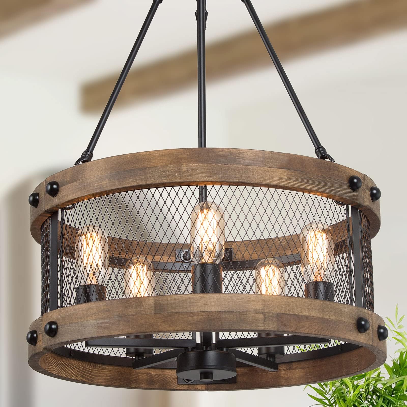 LALUZFarmhouse Chandelier for Dining Room, 18โโ Round Wooden Chandelier for Kitchen Island, Foyer, Entryway, 5-Light