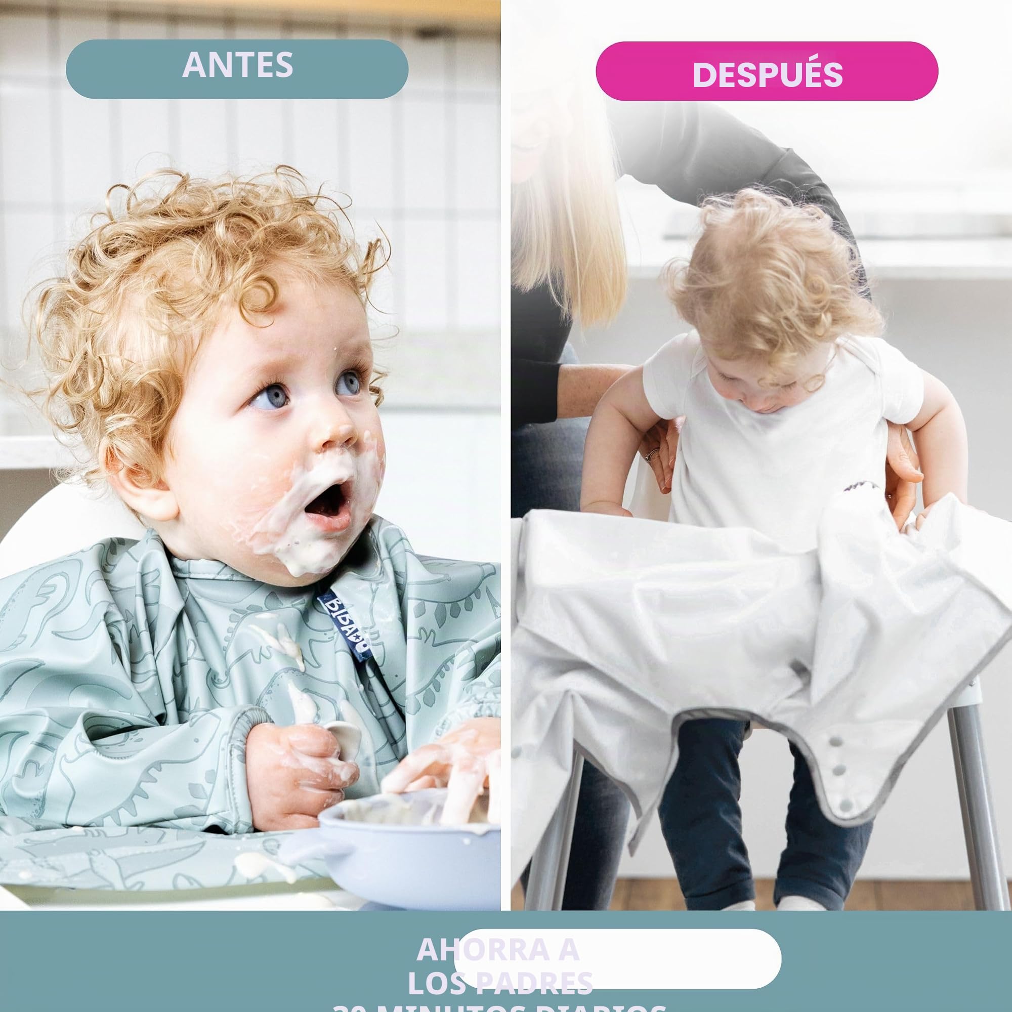 BIBaDO Coverall Weaning Bib - Toddler Baby Long Sleeve Bibs for Ages 6-36 Months Attaches to Highchairs Pushchairs Tables - Waterproof Machine Washable. Mess Proof Feeding BLW Bibs