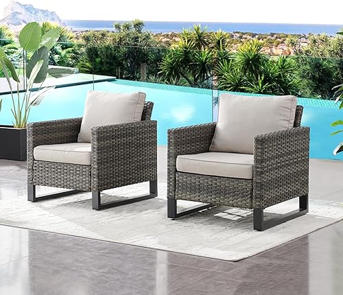 HUMMUH Juego de 2 sillas de comedor de mimbre de polietileno para exteriores, con marco de metal de respaldo alto, con cojines de asiento de 4