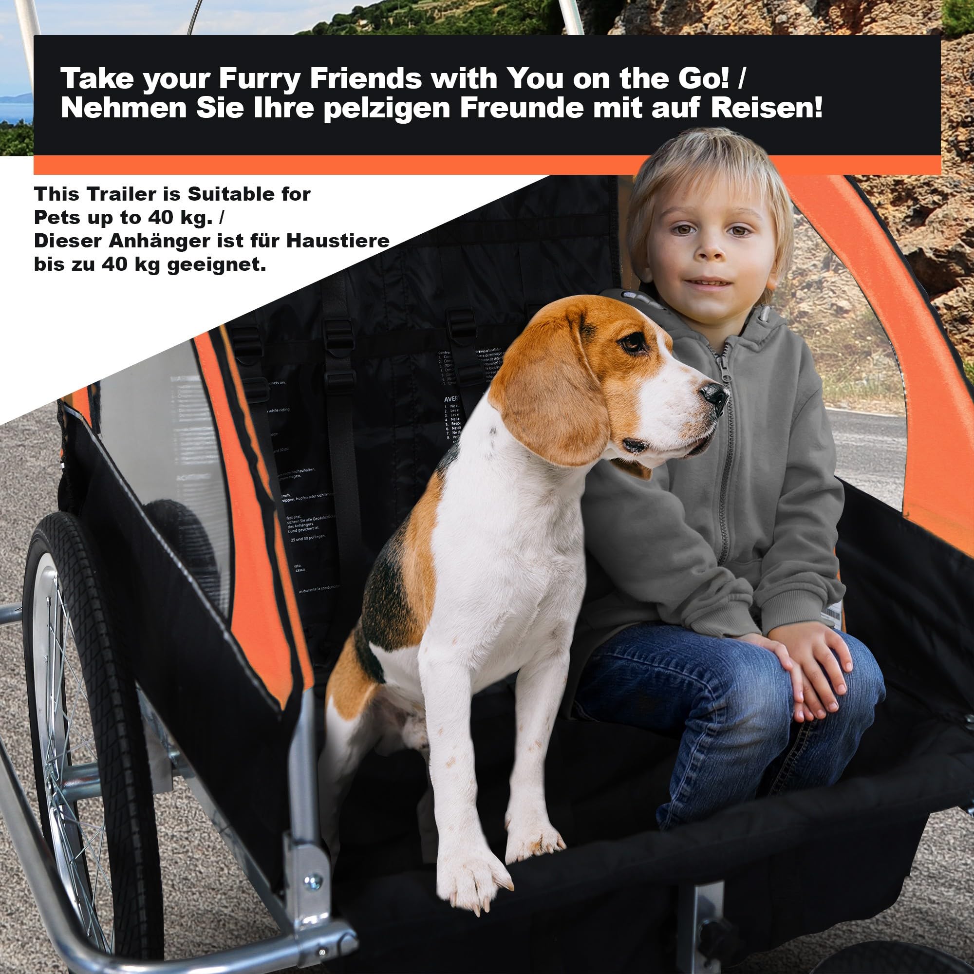Jago® Remolque para Niños - 12+ Meses, 2 Plazas, Cinturón de Seguridad 5 Puntos, Plegable, Negro y Naranja - Cochecito de Paseo, Carrito, Bicicleta Infantil, Bici, Jogger, para Perros