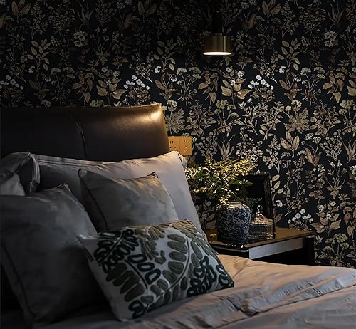 Miniatura 4 de Dimoon Papel tapiz autoadhesivo de 118 x 17.3 pulgadas, papel de contacto para despegar y pegar, papel tapiz floral negrodorado, papel de pared