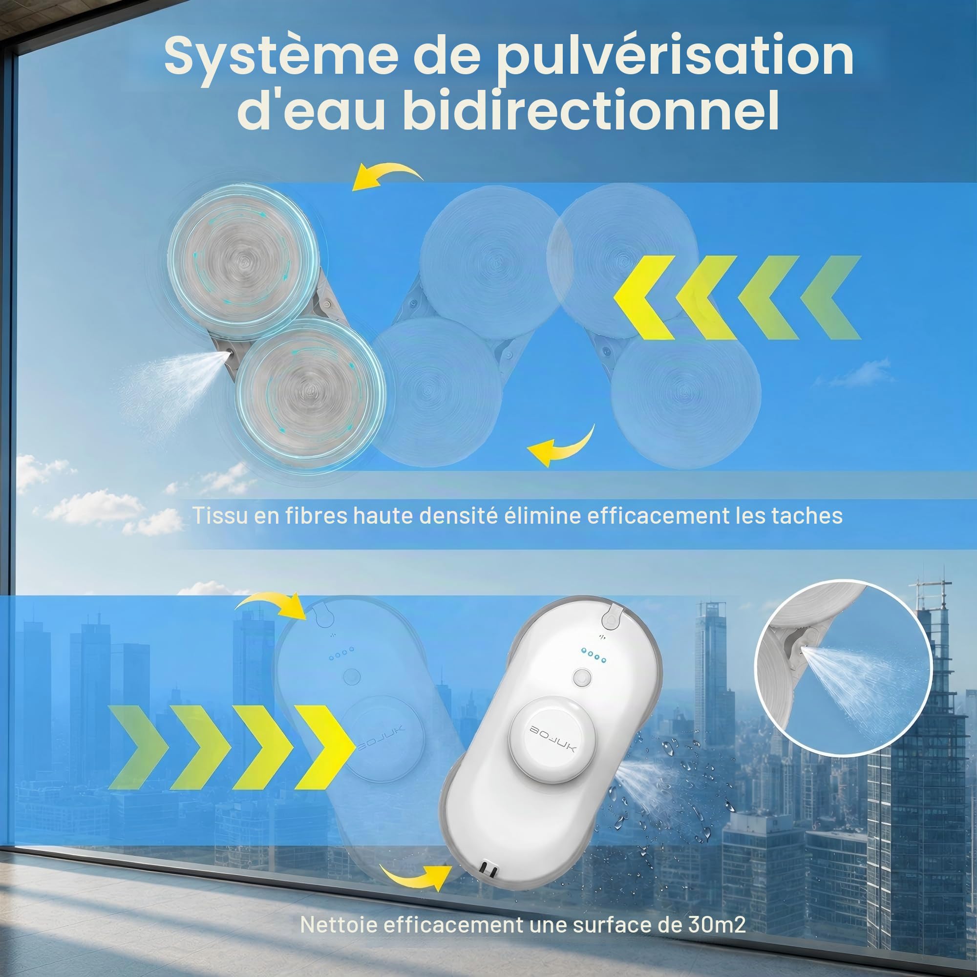 Robot lave-vitres, Robot lave-vitres 5000Pa, Système de pulvérisation double, Réservoir de 100ml, Navigation intelligente, 3 modes, Détection des bords, UPS, Nettoyage sans faille pour le verre