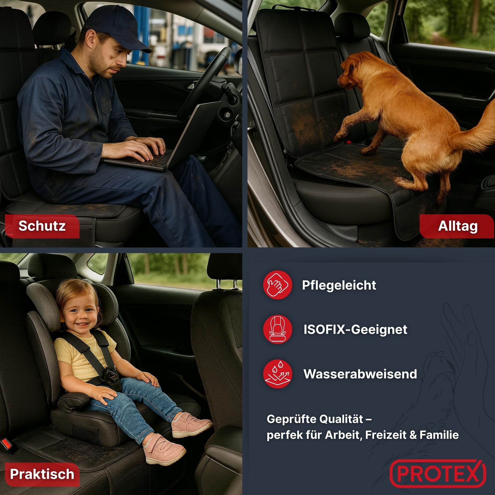 PROTEX© Podkładka pod fotelik dziecięcy [zwycięzca testu 2025] nadaje się do ISOFIX | wodoodporny materiał poliestrowy z wyściełanym siedziskiem | L (dwupak)