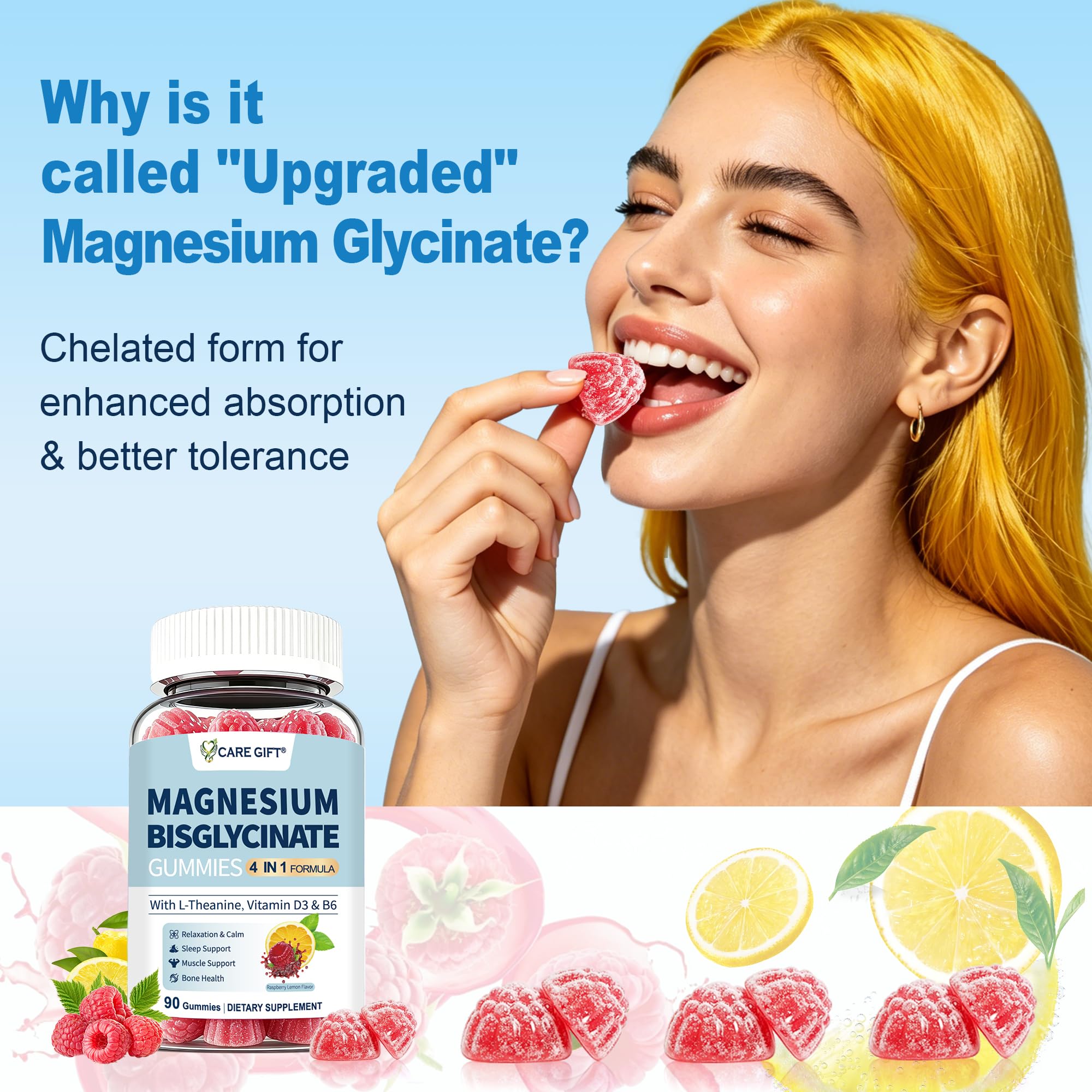 Magnesium Bisglycinate Gummies 400mg Chelated Magnesium with Vitamin D3 B6 and L-Theanine Sleep Support Calm, Muscle Relaxation Bone Health, 90 Gummies| 45 Day Supply, Lemon Raspberry Flavor — Amazon image 4