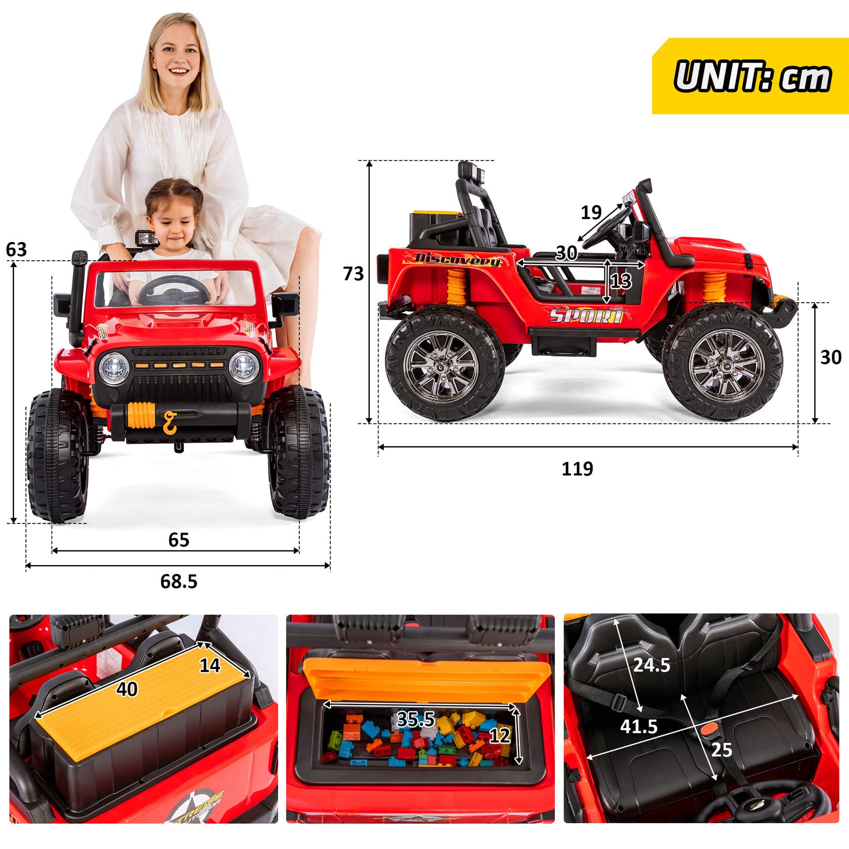 Auto Elettrica per Bambini 12v, Auto Elettrica con Telecomando, modalità Genitore, 3 Posti, USB Bluetooth. Telecomando, Soft Start, Motori 2 * 35w. Clacson, Luce Anteriore. 3-7 Km/H,Red