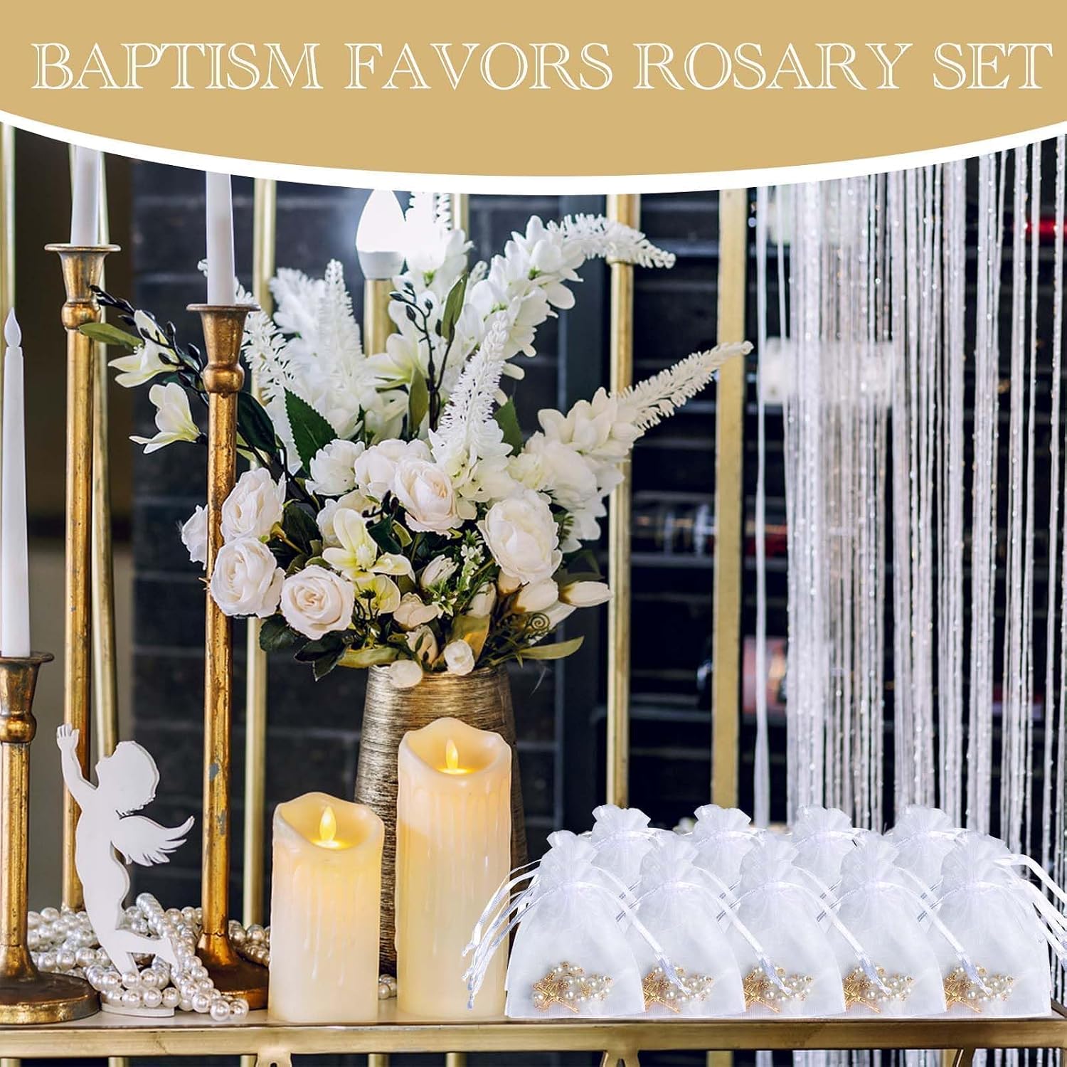 10 Set Baptism Party Favors Mini Rosary Beads Faux Pearls with Organza Bags for Christening Weddings First Communion Party Favors