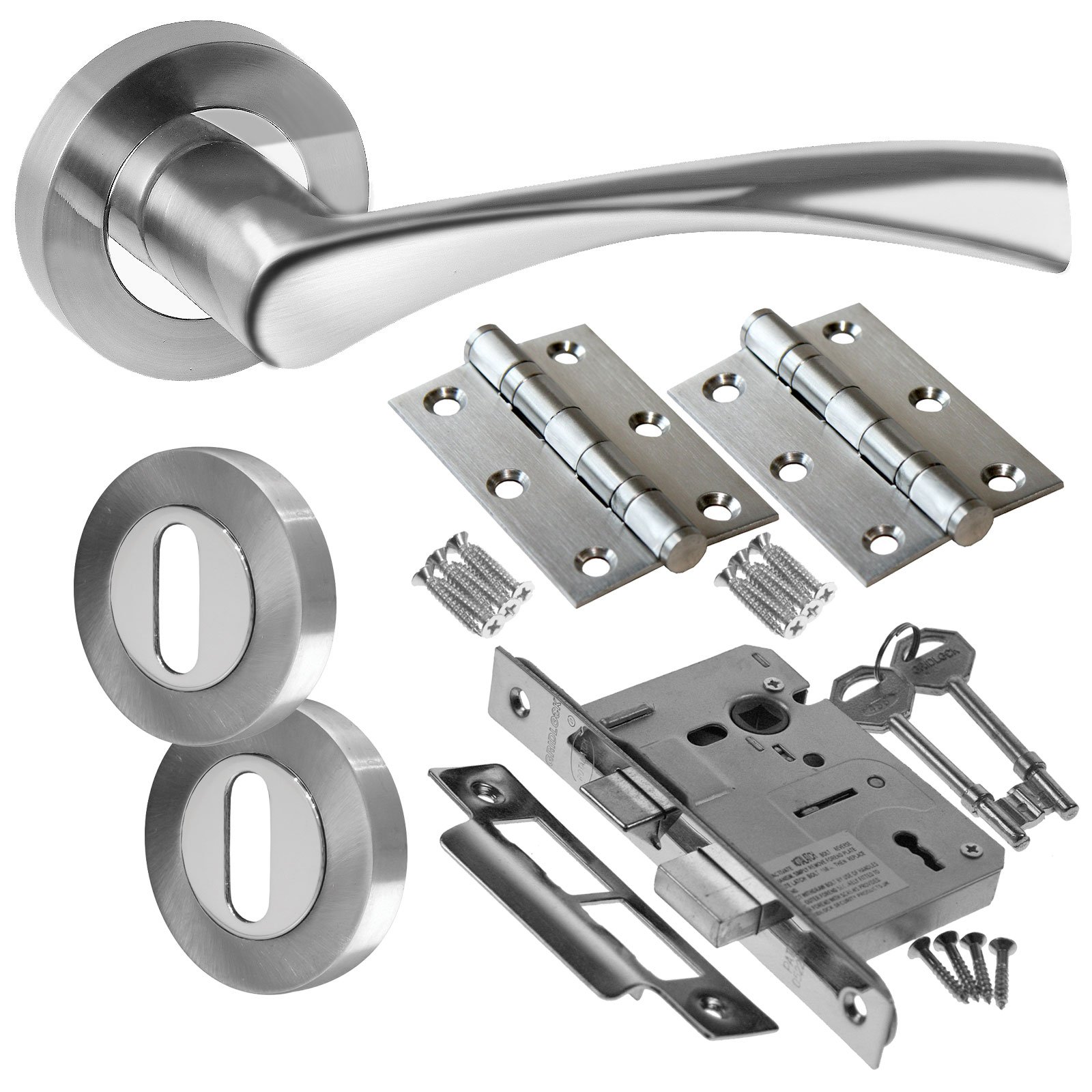 E-Hardware Dual Finish Polished Chrome/Satin Chrome Astrid Chrome Twin Finish Door Handle Lever On Rose - Lock Door Pack - Polished Chrome
