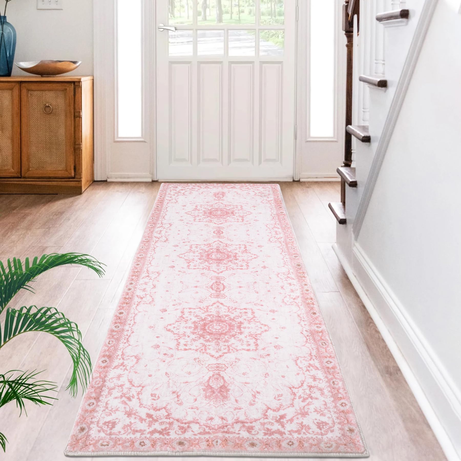 Sofrug Hallway Runner Rug, 2x8 Floral Pink Area Rug, Honeycomb Non Slip Kitchen Runner Rugs, Washable Soft Faux Wool Rug for Hallways Entryway Kitchen