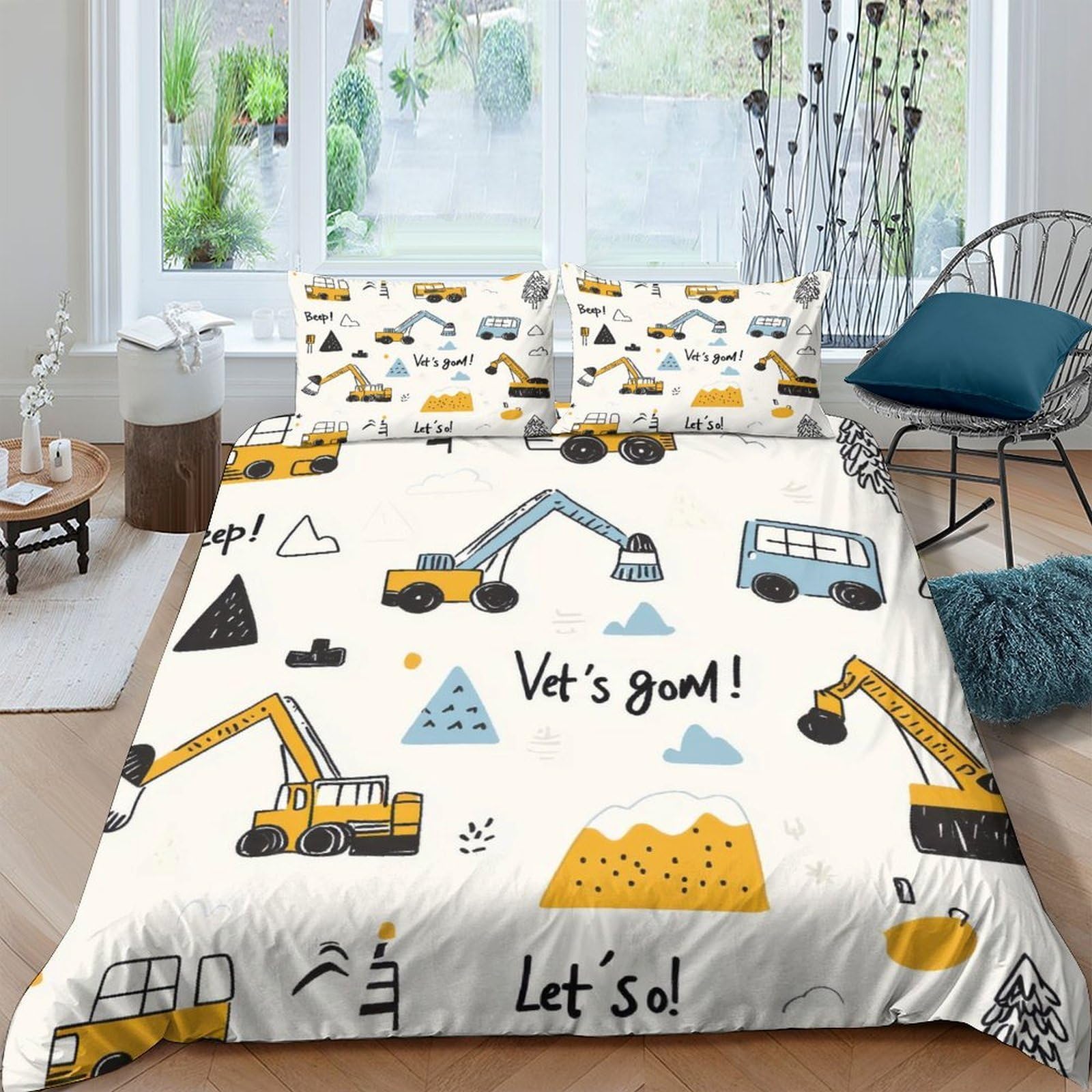 GPLZQXKJNH 3D Printed Construction Vehicles Duvet Cover Microfiber Soft Breathable Excavator Bedding Set with 2 Pillowcases for Bedroom Decor Single（135x200cm）