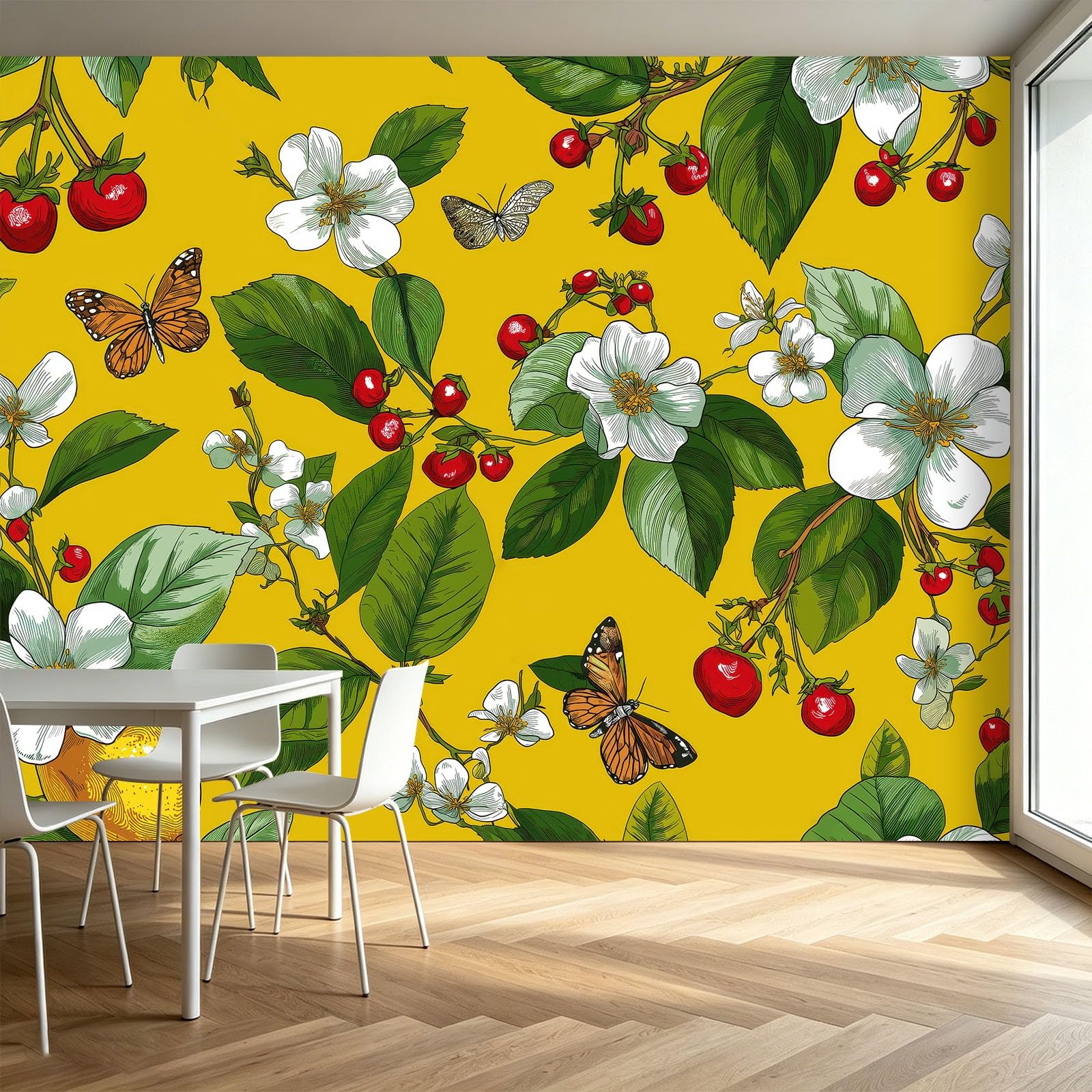 Papel pintado no tejido efecto 3D Mariquita Mariquita Bayas 450 x 280 cm XXL Papel pintado fotográfico dormitorio Tropical Papel pintado Salón Pared Decoración Pasillo Aesthetic Murales