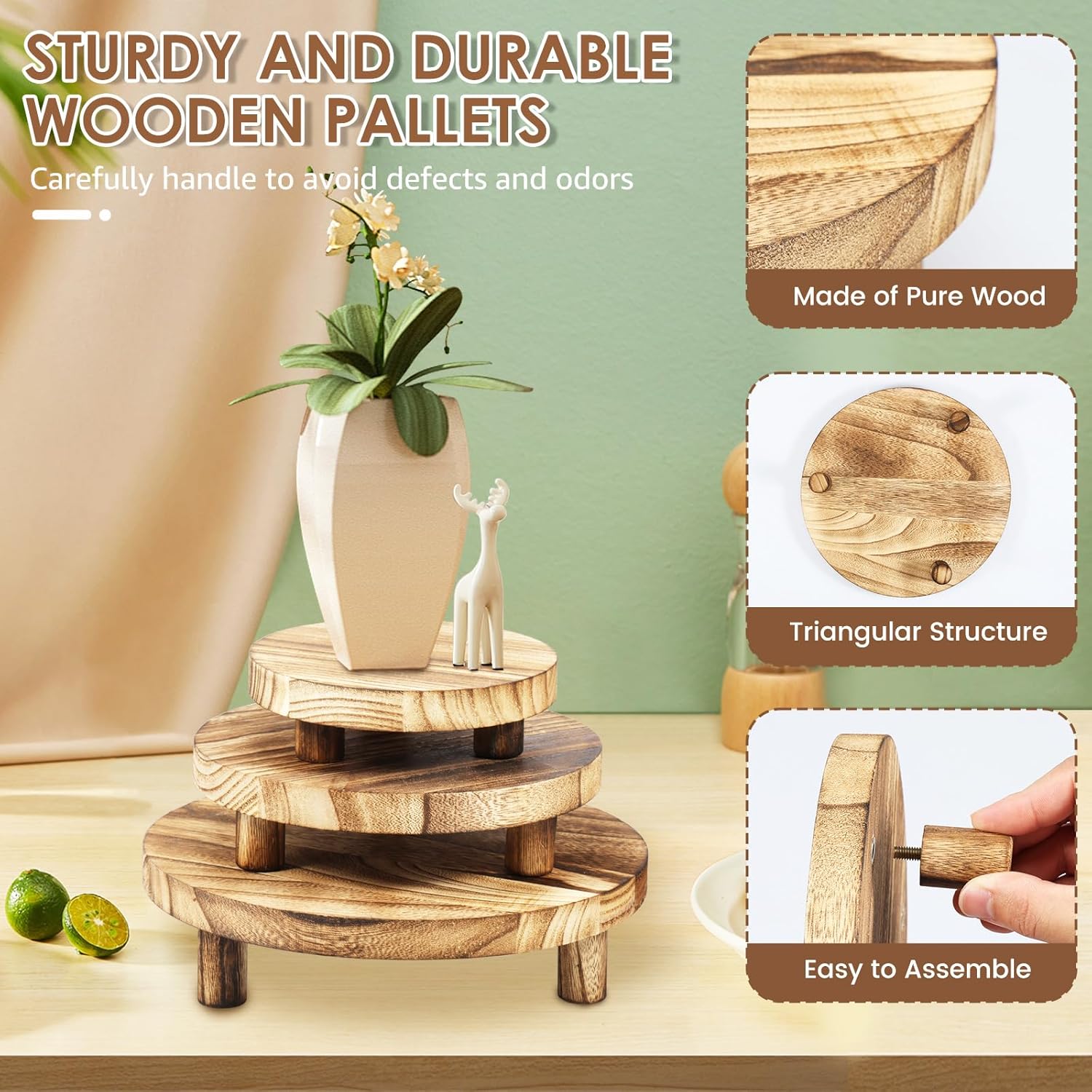 Wooden Stool Display Stand, Wood Plant Stand, Wood Riser with Removable Feet Holds up to 50lbs Wood Plant Riser Stand Practical Wood Plant Holder for Indoor Outdoor Home Patio Décor
