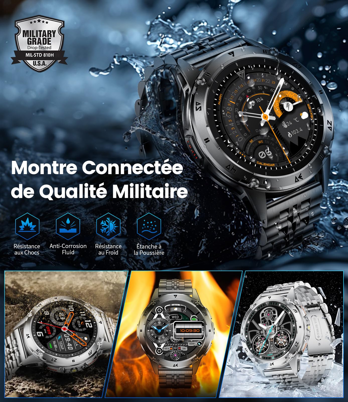 FITFLEX Montre Connectée Homme avec Appel Bluetooth, 1.43'' AMOLED Smartwatch avec Lampe Torche, 530mAh, Moniteur de Sommeil, IP68 Étanche, 120+ Sportifs Montre Intelligente pour Android iOS