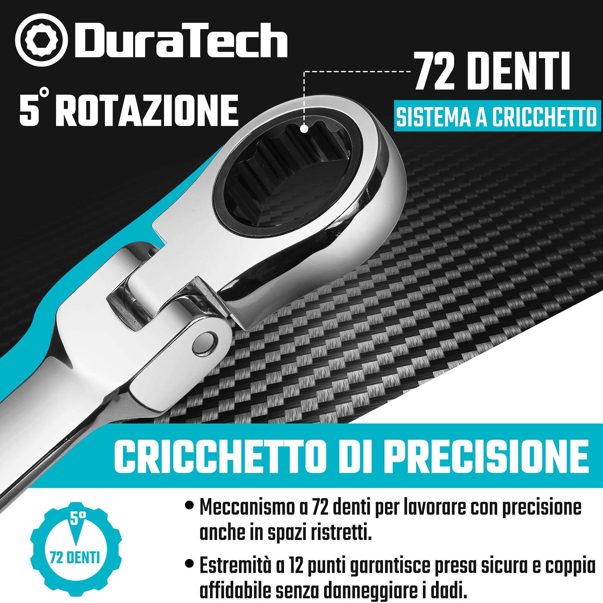 DURATECH Stubby - Set di chiavi combinate a cricchetto con testa flessibile, metrica, 12 pezzi, 8-19 mm, acciaio CR-V, con custodia