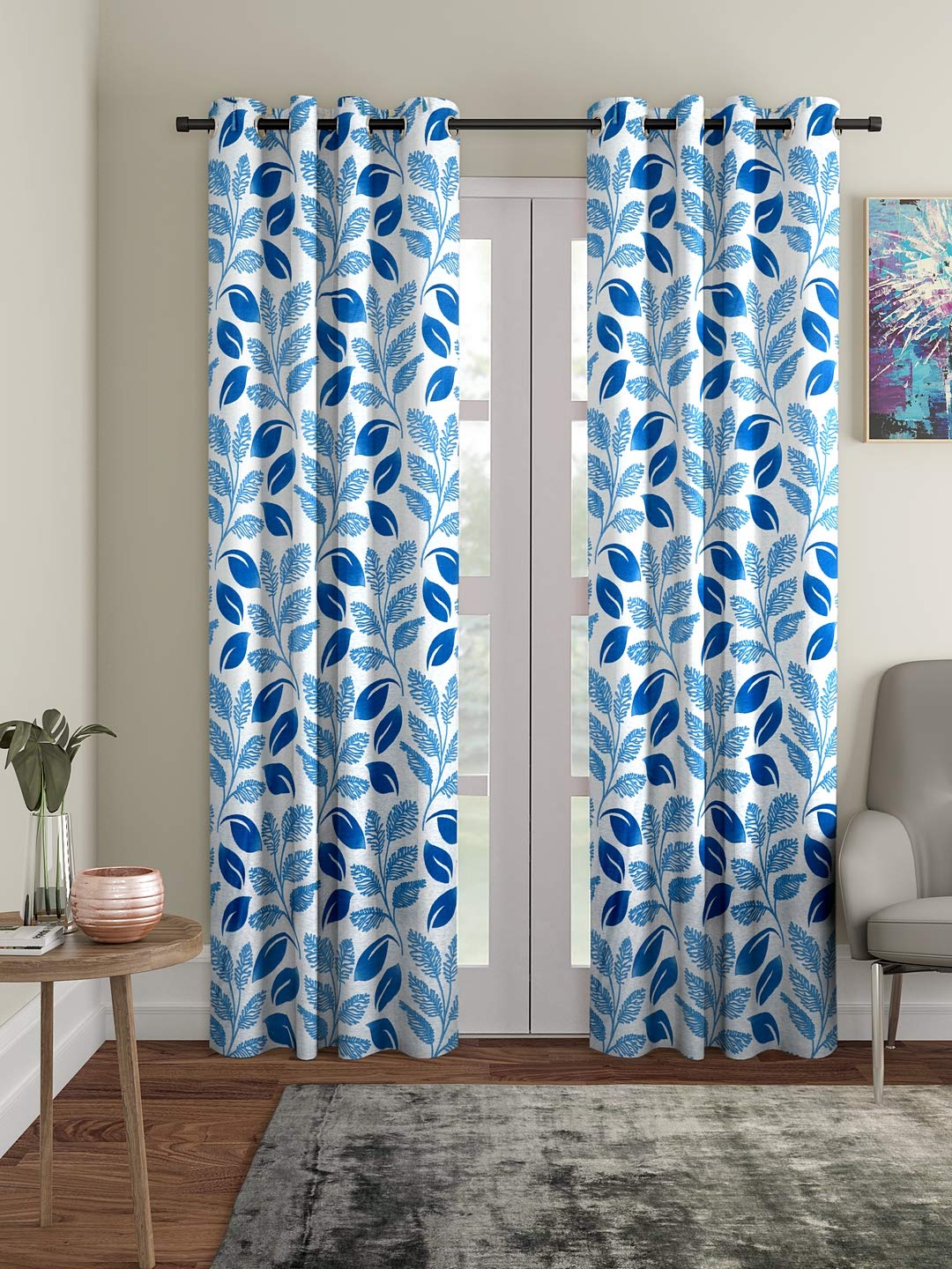 Cortina semi Sheer 2 Piece Floral Design Panel Eyelet Polyester Door Curtains - 7 Feet, Blue