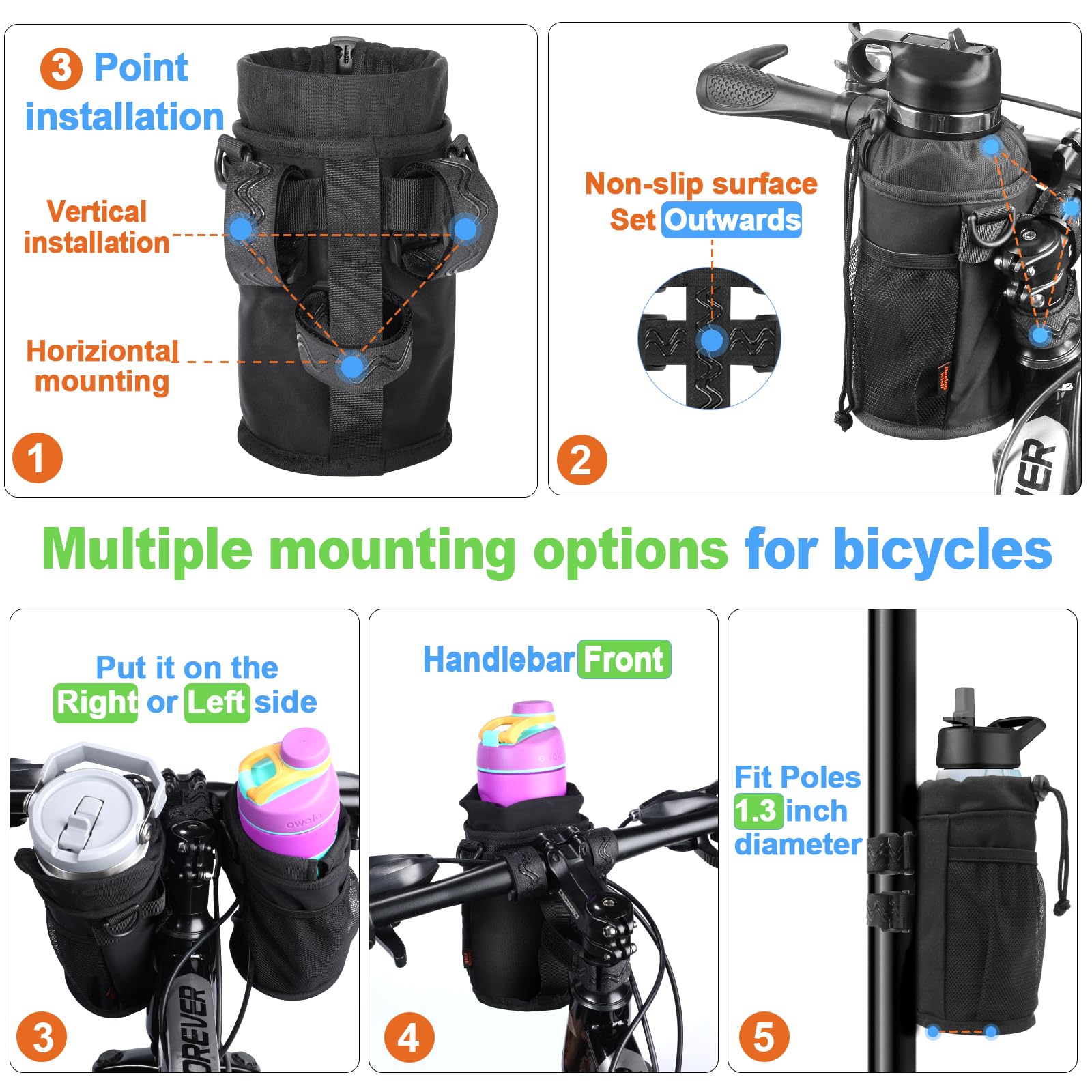 Porte 12-24oz Gourde Velo Sans Vis Bidon Porte Velo avec Poche en Maille et Bandoulière Porte Gourde VTT pour Bouteille de Vélo Guidon Poussette Scooters Randonnée Fauteuil Roulant
