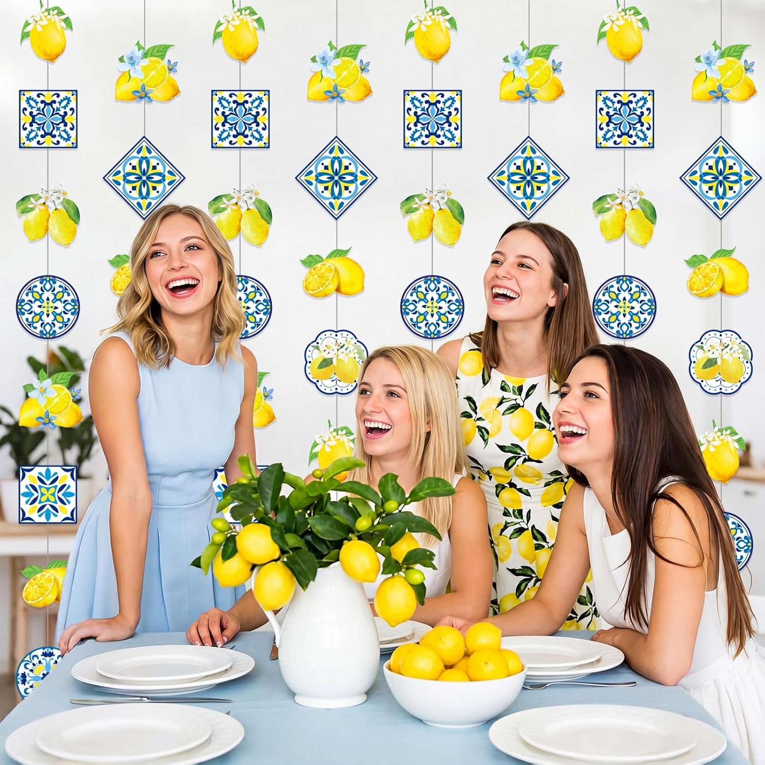 Capoda 8 Pcs Amalfi Coast Party Decor Capri Lemon Blue Tiles Paper Garlands Lemonade Hanging Garland Banners for Wedding Birthday Bridal Shower Bachelorette Party Decorations
