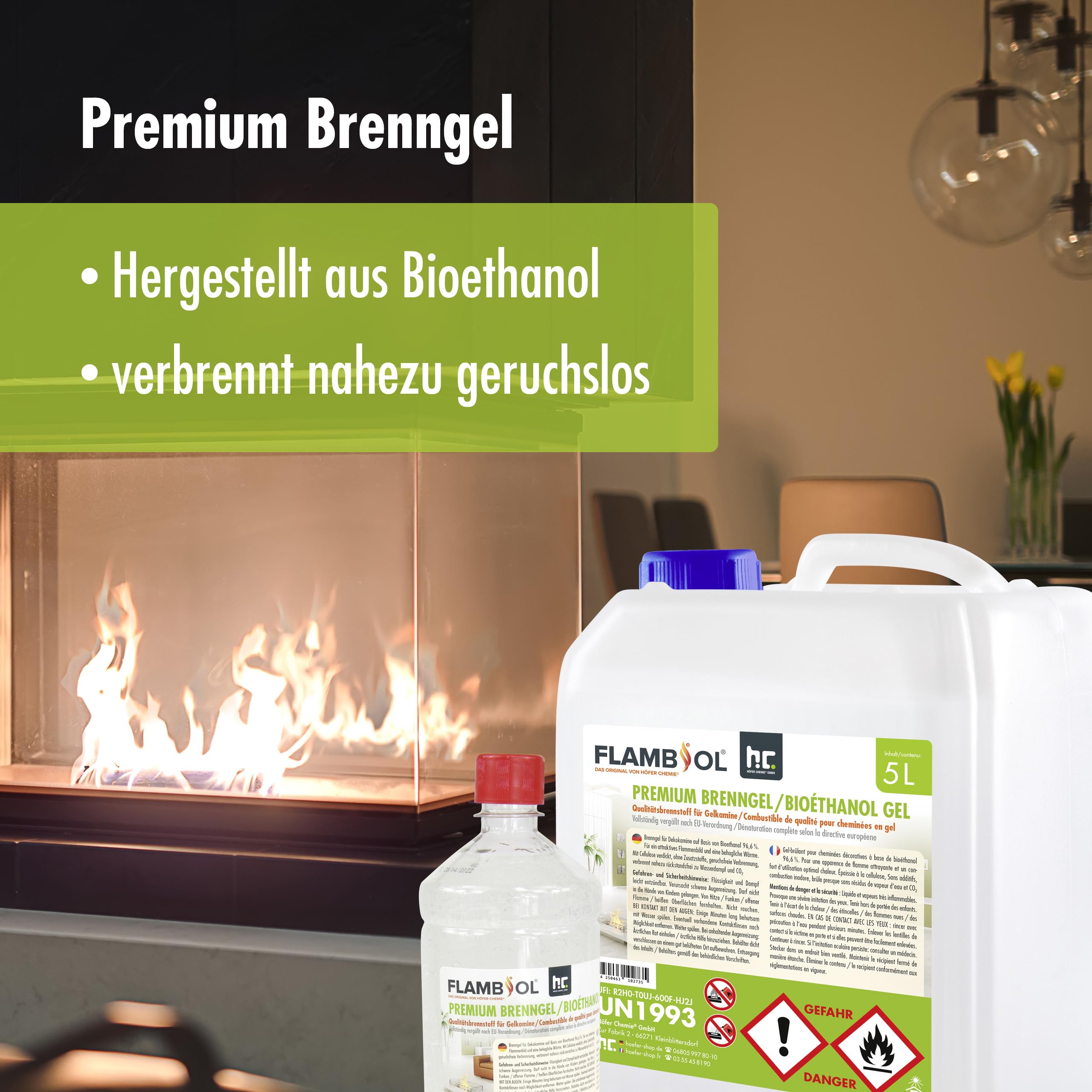 Höfer Chemie 5 L FLAMBIOL® Premium Brenngel für Brenngel Dekofeuer, Lampe und Kamine - Dickflüssiges Gel