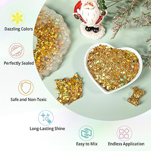 Miniatura 3 de HTVRONT Purpurina holográfica gruesa dorada, 7.05 oz7 onzas, purpurina para resina, purpurina metálica iridiscente gruesa de resina de lentejuelas,