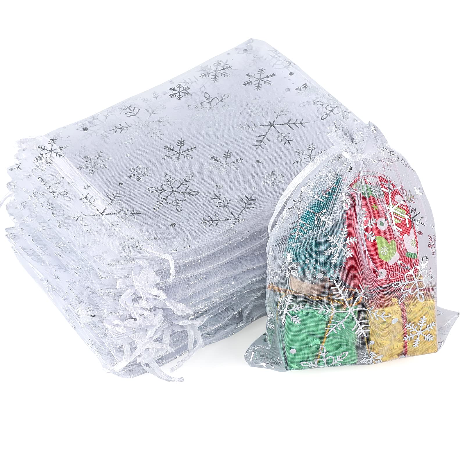 G2PLUS White Christmas Organza Bags, 13x18CM Snowflake Organza Gift Bags, 50 PCS Large Xmas Gift Pouches for Presents, Reindeer Food, Christmas, Advent Calendars