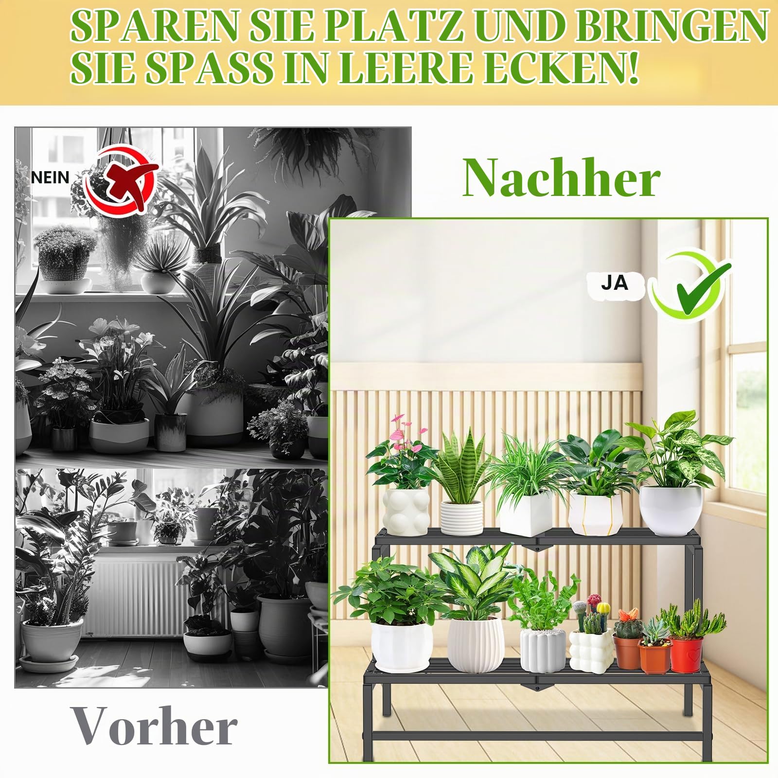2 Stufiger Metall Pflanzenständer Blumentreppe, Blumenregal Pflanzenständer Pflanzenregal, Pflanzentreppe Pflanzentöpfe für Innen Außen Balkon Wohnzimmer (Schwarz)