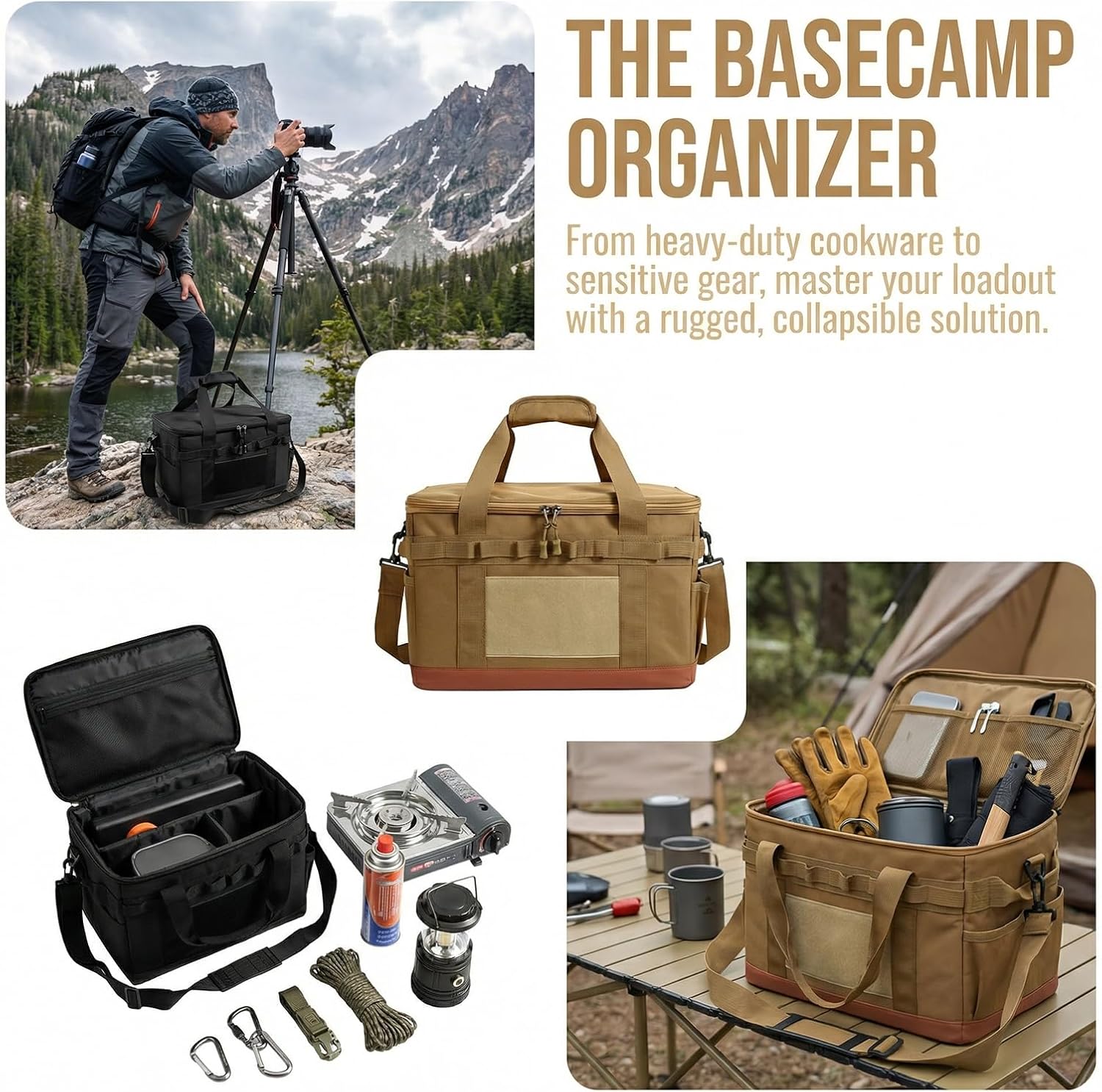 45L Large Insulated Picnic Basket, Foldable Waterproof Outdoor Storage Tote with 5mm EPE Thermal Layer, Leakproof Cooler Bag for Camping, Beach, BBQ & (Khaki 45L (Hard-Duty) Case)
