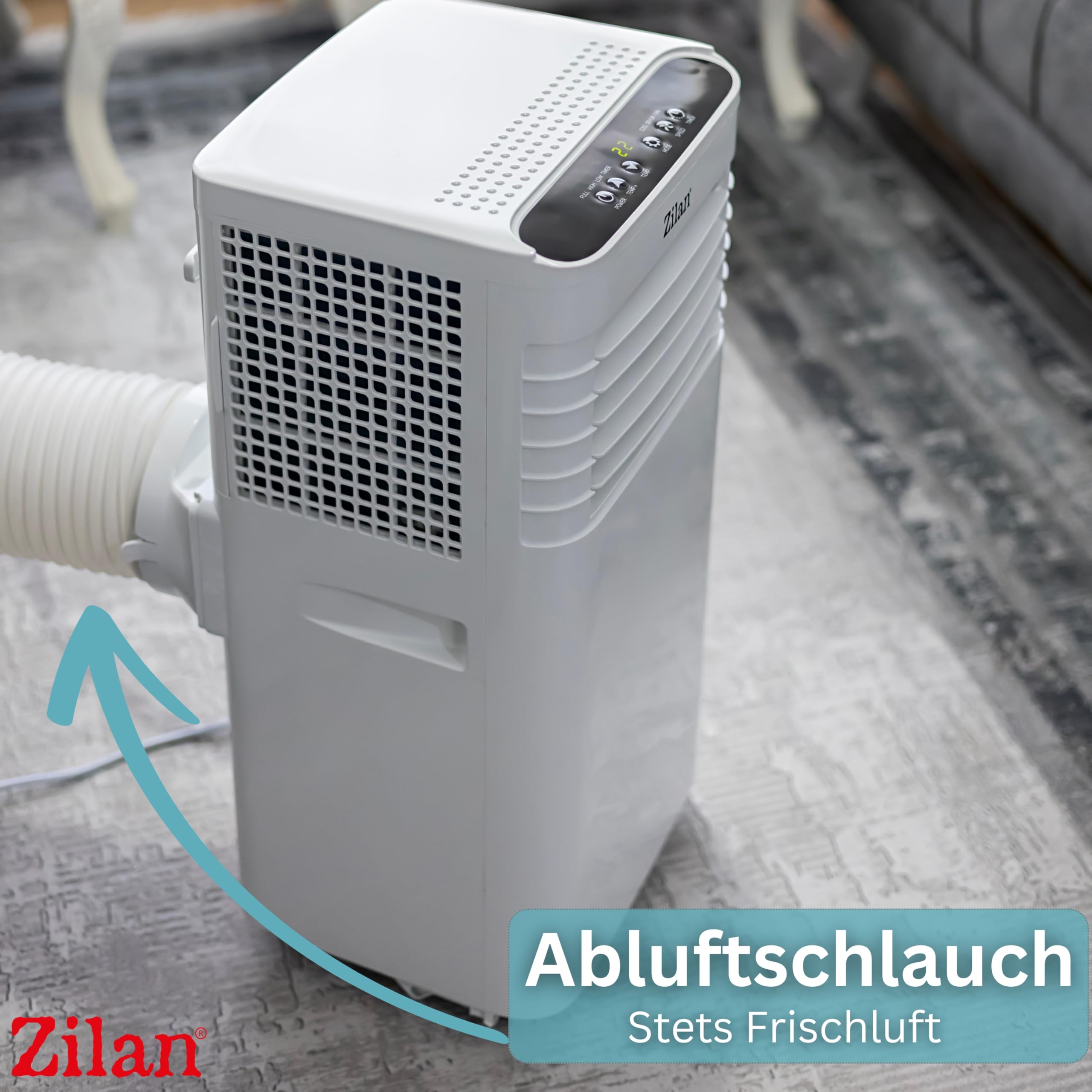 Zilan Mobile Klimaanlage 9000 BTU 3-in-1 Mobiles Klimagerät mit Abluftschlauch & Fensterkit – Kühlen, Entfeuchten & Ventilator, für Räume bis 50 m², 24h Timer, Schlafmodus, LED Display, Fernbedienung