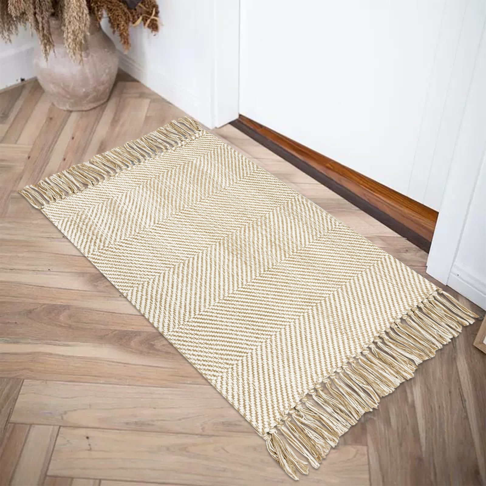 USTIDE Rustic Cotton Woven Twill Weave Braided Small Area Rug Washable Hallway Entryway Runner Modern Fringe Indoor Rug, 60x90cm - Image 2