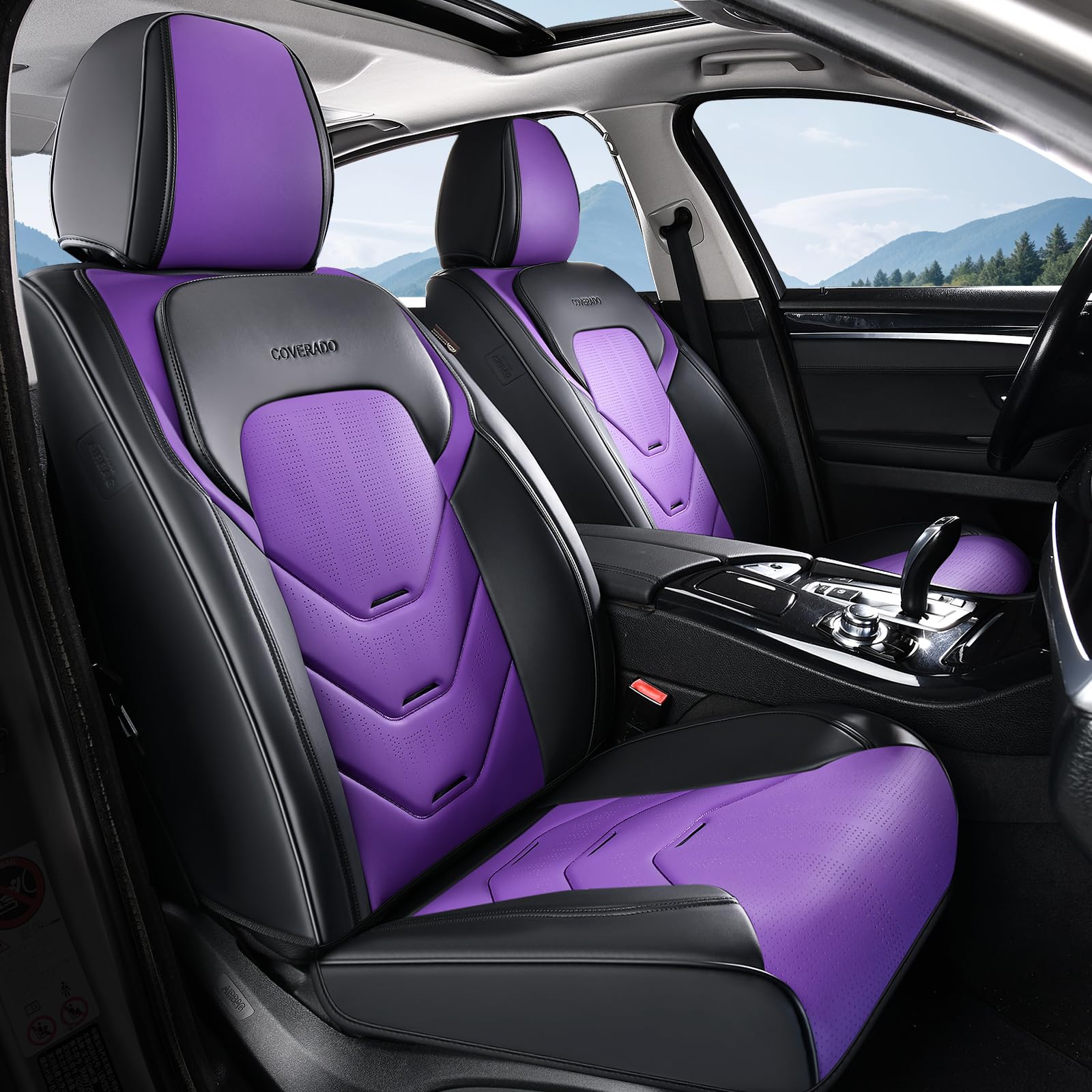 Coverado Car Seat Covers, 2 PCS Front Seat Covers, Black&amp;Purple Leather Seat Cover for Car, Waterproof Car Seat Protector, Automotive Seat Cover Car Seat Cushion Universal Fit for Most Sedan SUV Truck