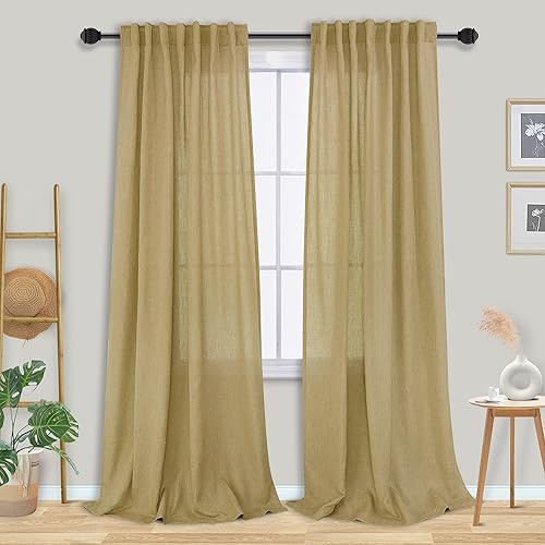 Miniatura 23 de Mrs.Naturall Cortinas transparentes verde esmeralda oscuro, cortinas de lino verde bosque para sala de estar, 63 pulgadas de largo, cortinas verdes