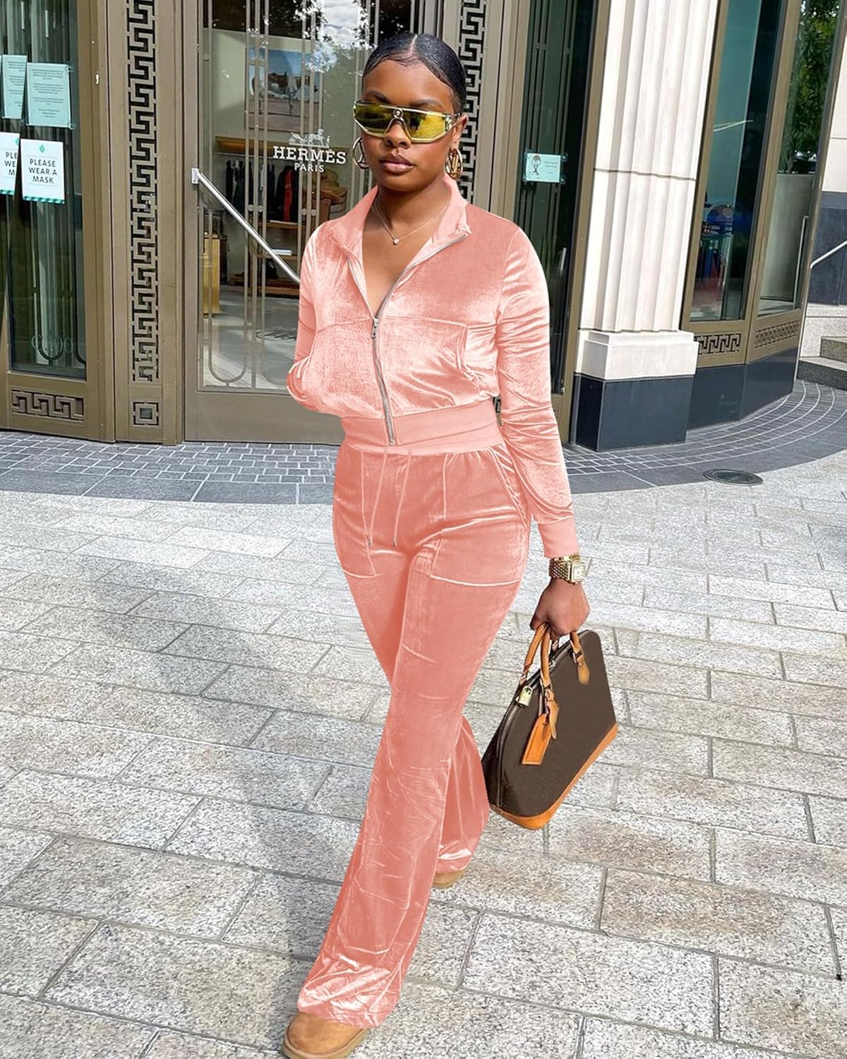 Women Velour Sweat Suits 2 Piece Outfits Tracksuits Long Sleeve Zip Up Jacket Flare Pants Cute Casual Matching Suit - Image 2