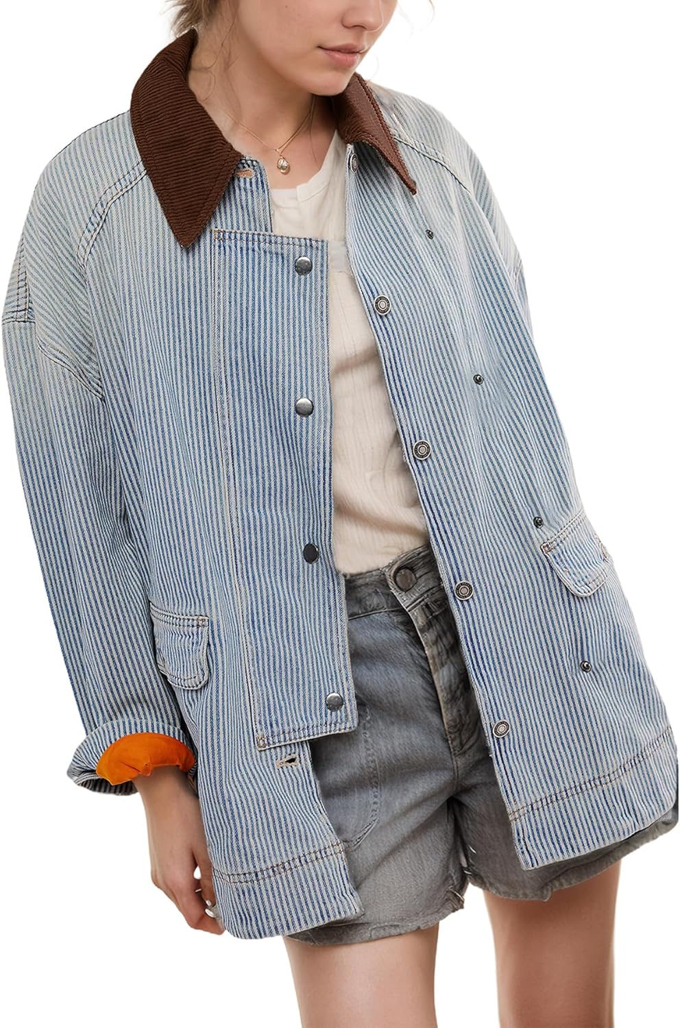 Kedera Women's Jean Jacket Striped Oversized Denim Jacket Long Sleeve Button Down Ladies Denim Coat Trendy