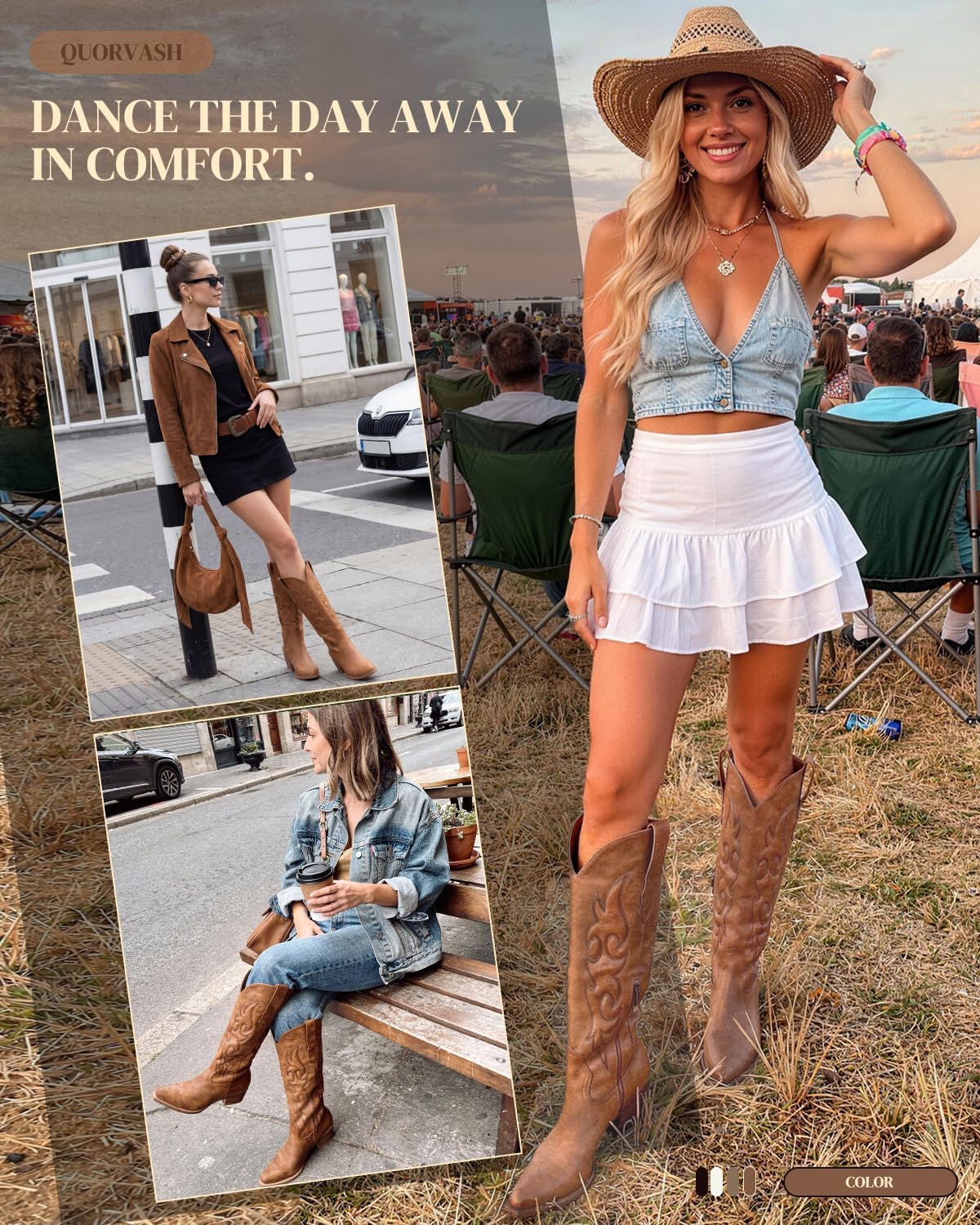 Cowboy Boots for Women - Knee High Wide Calf Cowgirl Boots with Chunky Heel Snip Toe Side Zipper Embossed Design for Festival Prom Party Casual Outfits
