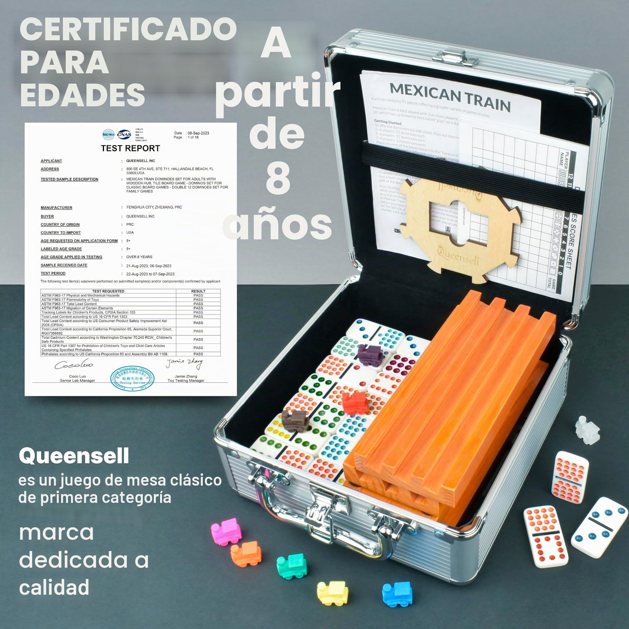 Queensell Juego de doble tren de dominó mexicano 15 con 8 asas - soportes de cubo y azulejos de madera - doble 15 con puntos (D15 + 8 asas)